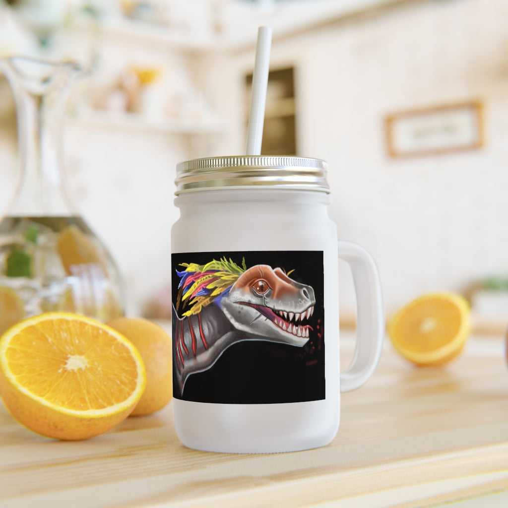 Feathered Raptor Mason Jar with straw and lid, showcasing frosted glass design.