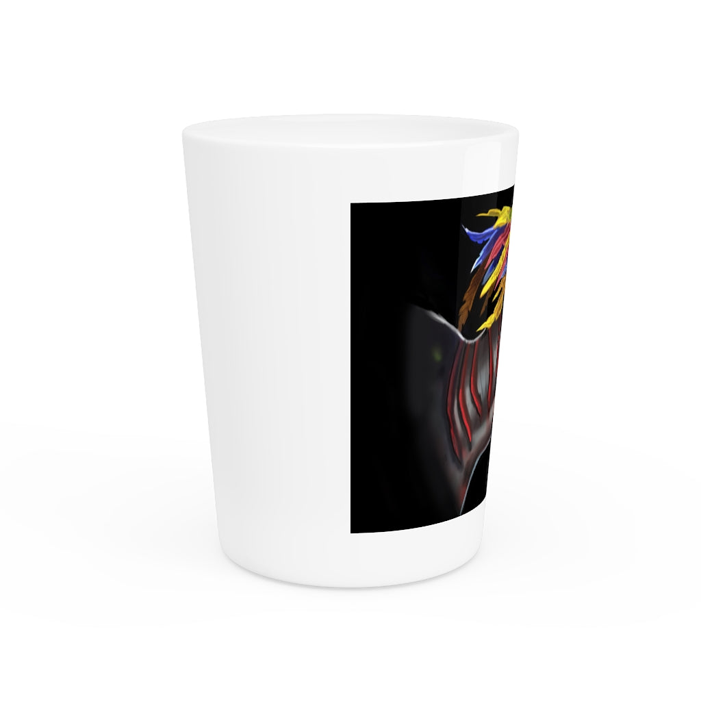 Feathered Raptor Shot Glass with white ceramic exterior and customizable design, available in white or black interior.