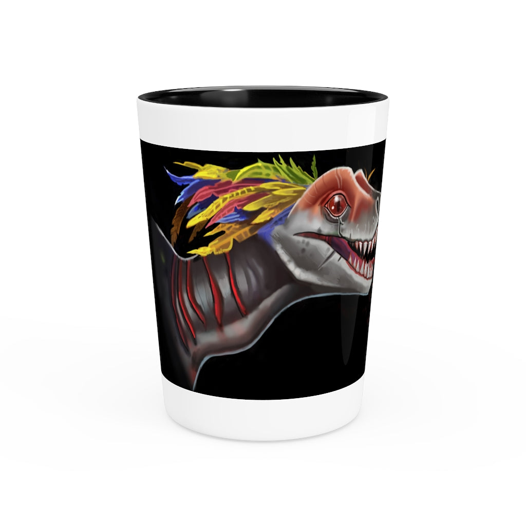 Feathered Raptor Shot Glass with white ceramic exterior and customizable design, available in white or black interior.