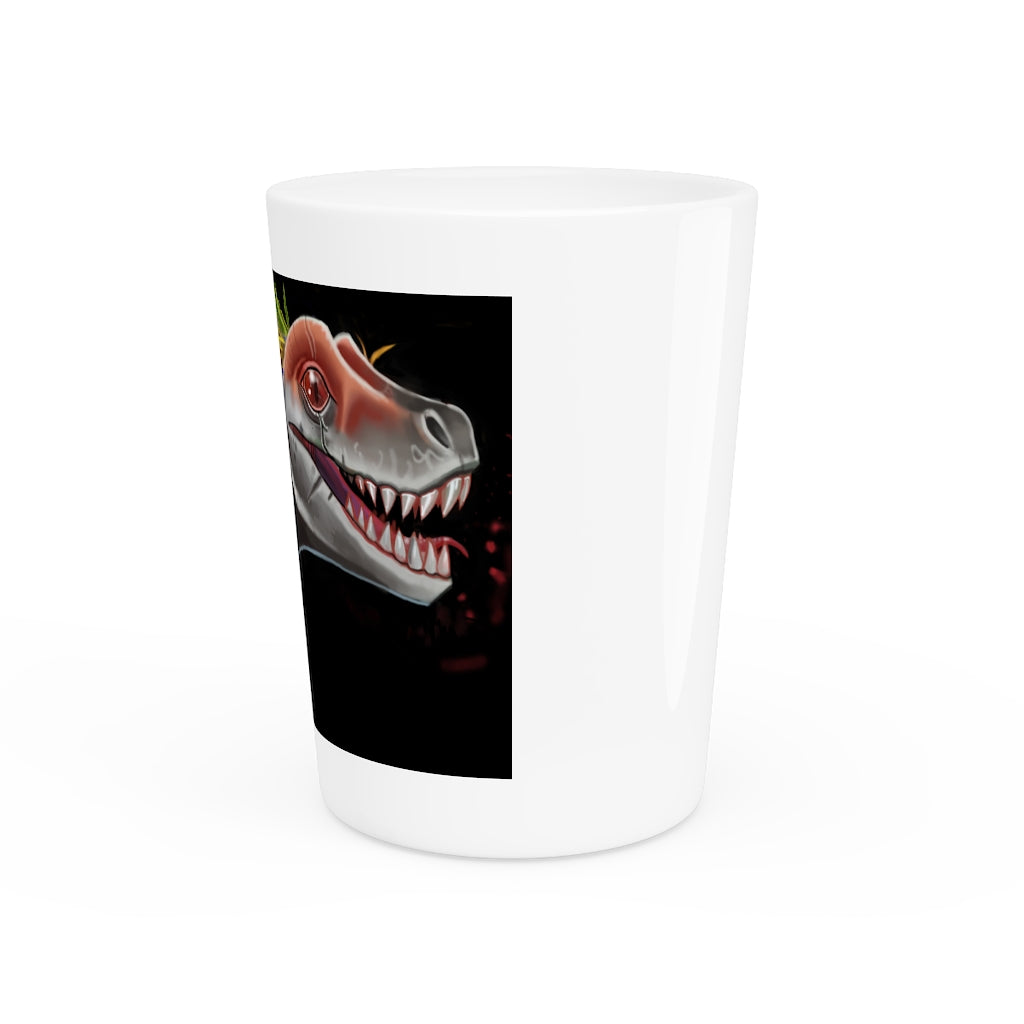 Feathered Raptor Shot Glass with white ceramic exterior and customizable design, available in white or black interior.