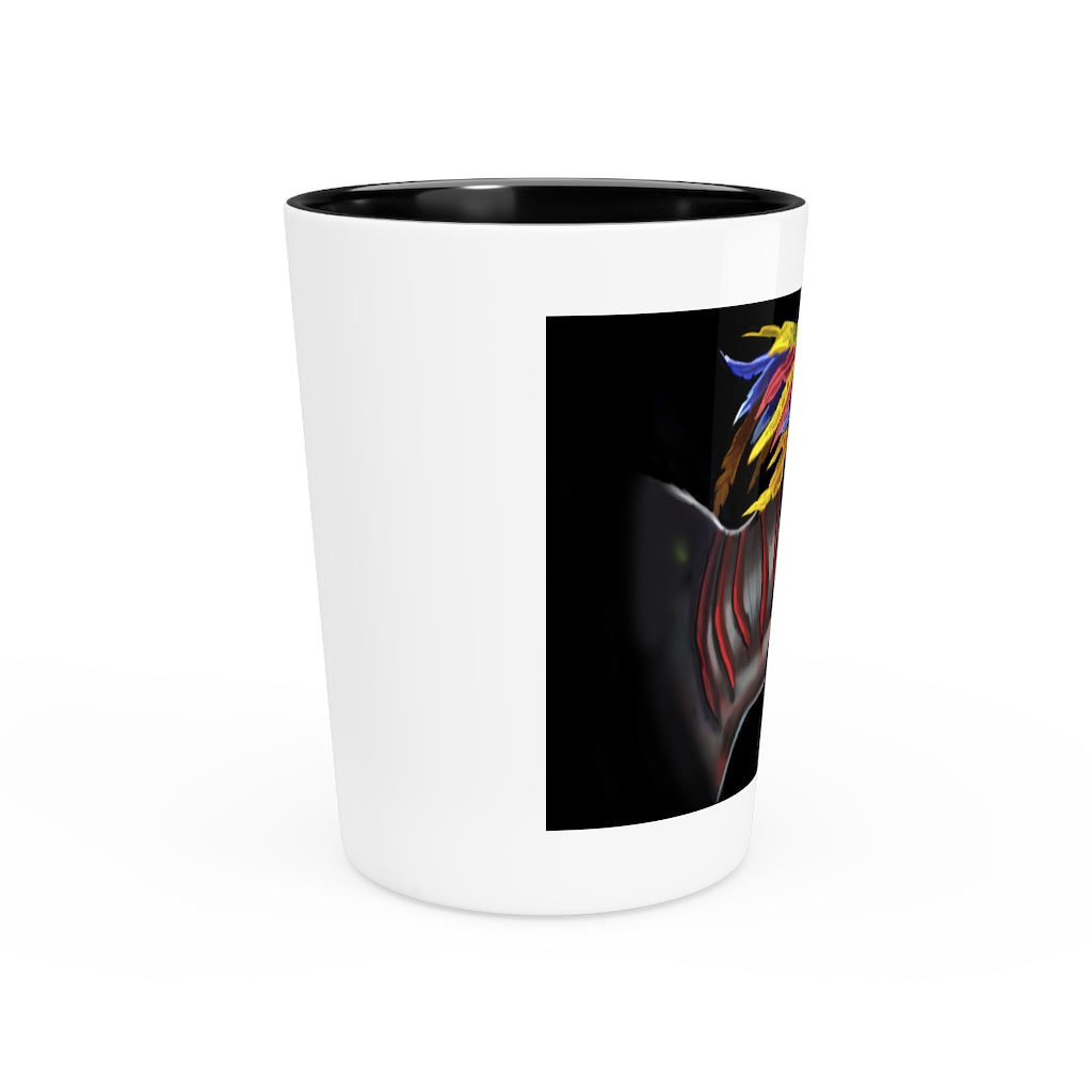 Feathered Raptor Shot Glass with white ceramic exterior and customizable design, available in white or black interior.