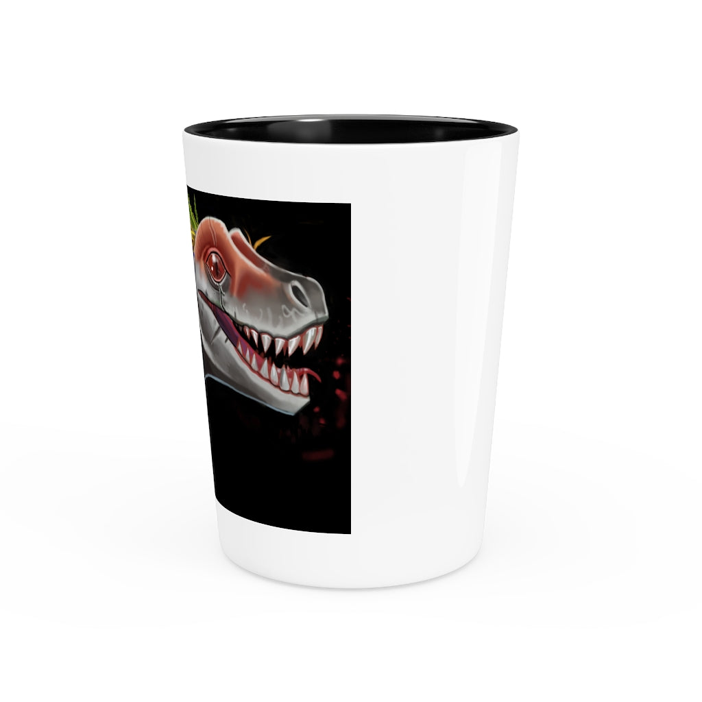 Feathered Raptor Shot Glass with white ceramic exterior and customizable design, available in white or black interior.