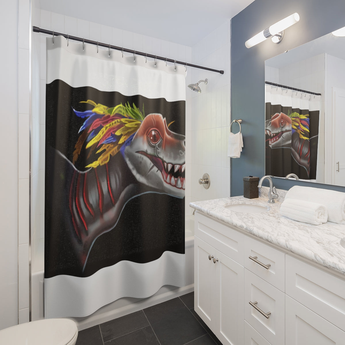 Feathered Raptor Shower Curtain featuring a vibrant design on durable polyester fabric, perfect for bathroom decor.