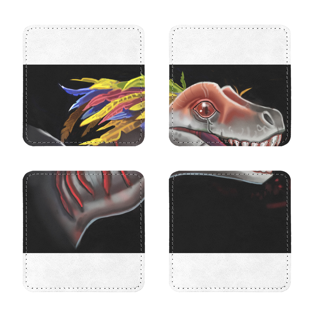 Pack of four Feathered Raptor Sublimation Coasters made from PU leather, featuring a stylish design with white stitching.