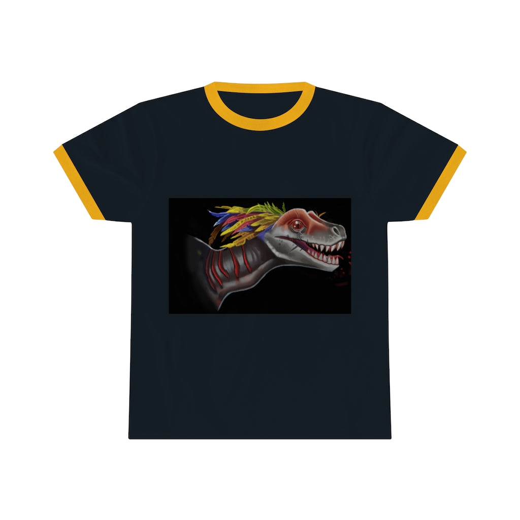 Feathered Raptor Unisex Ringer Tee in various colors, showcasing its lightweight fabric and stylish design.