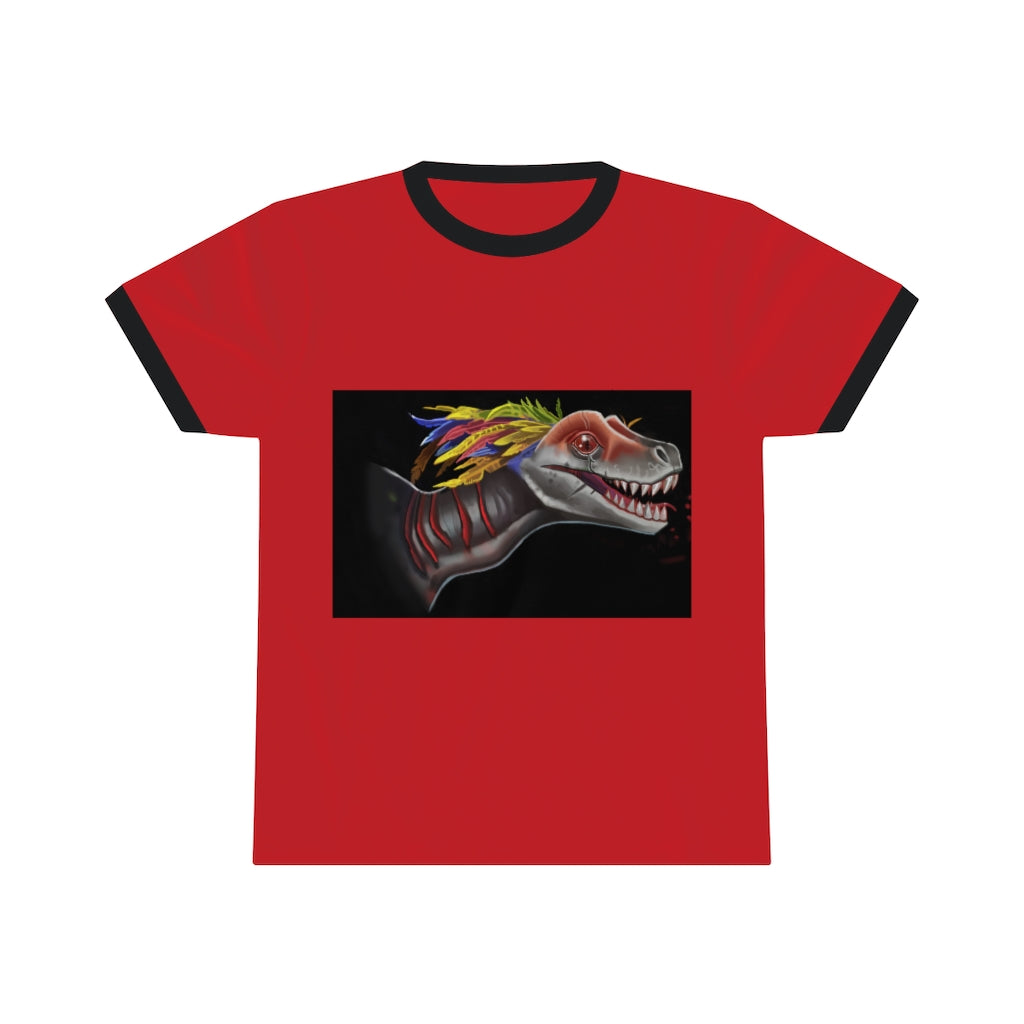 Feathered Raptor Unisex Ringer Tee in various colors, showcasing its lightweight fabric and stylish design.