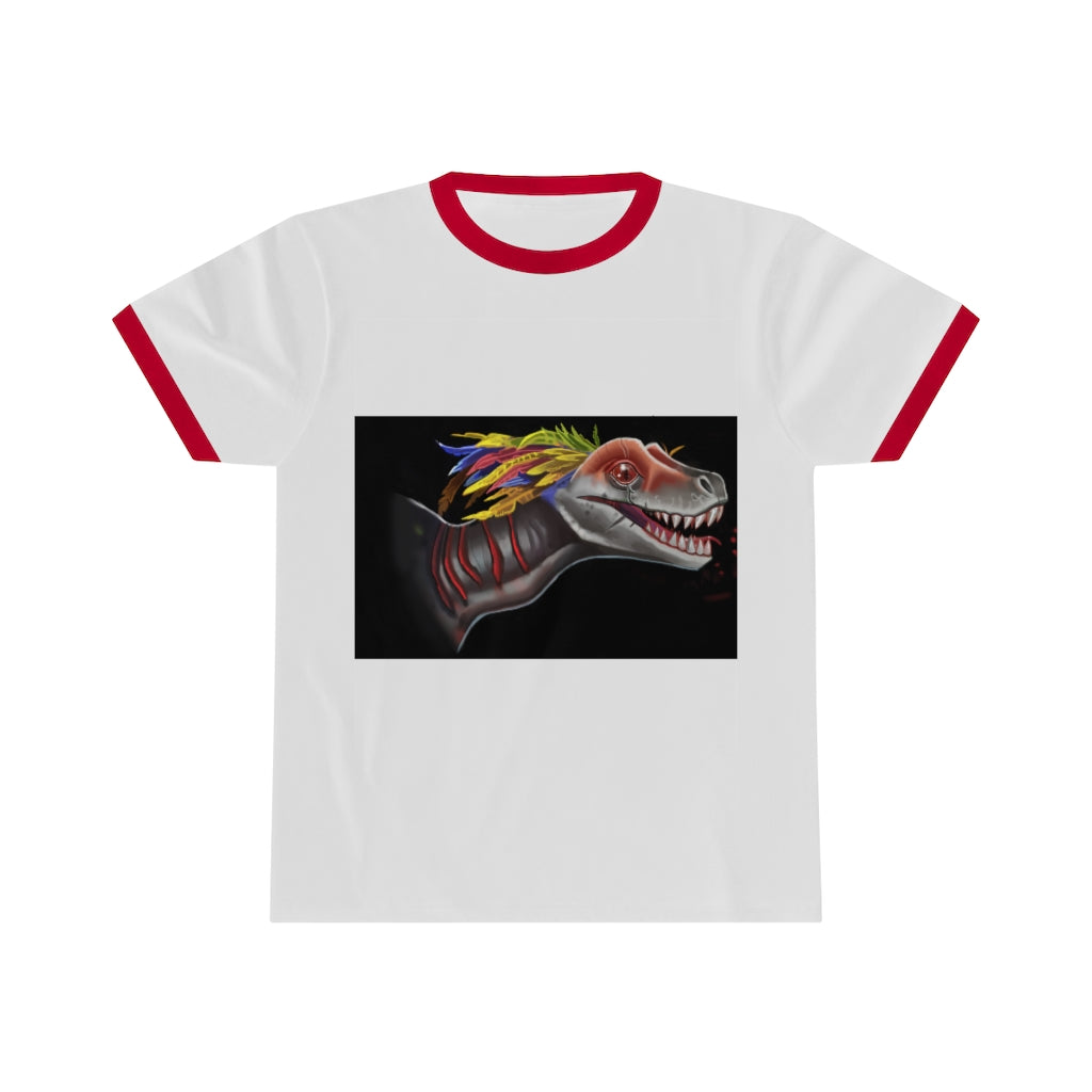 Feathered Raptor Unisex Ringer Tee in various colors, showcasing its lightweight fabric and stylish design.