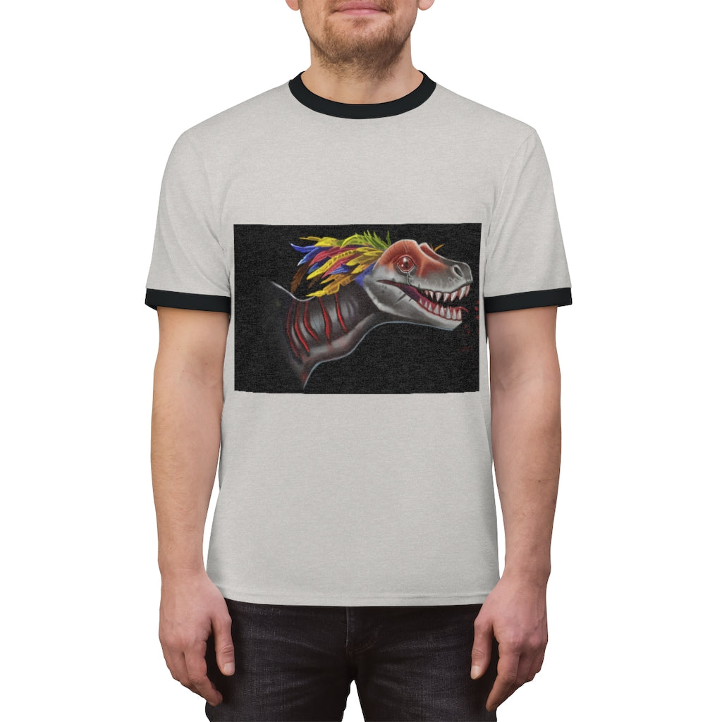 Feathered Raptor Unisex Ringer Tee in various colors, showcasing its lightweight fabric and stylish design.