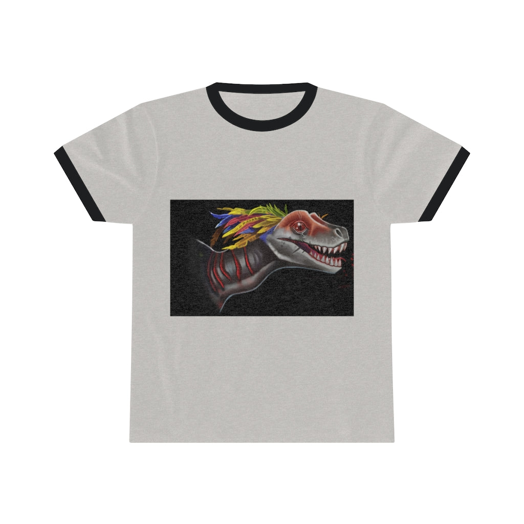 Feathered Raptor Unisex Ringer Tee in various colors, showcasing its lightweight fabric and stylish design.