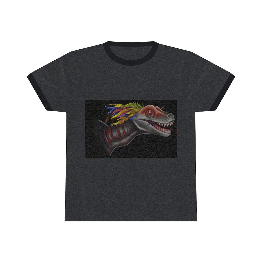 Feathered Raptor Unisex Ringer Tee in various colors, showcasing its lightweight fabric and stylish design.