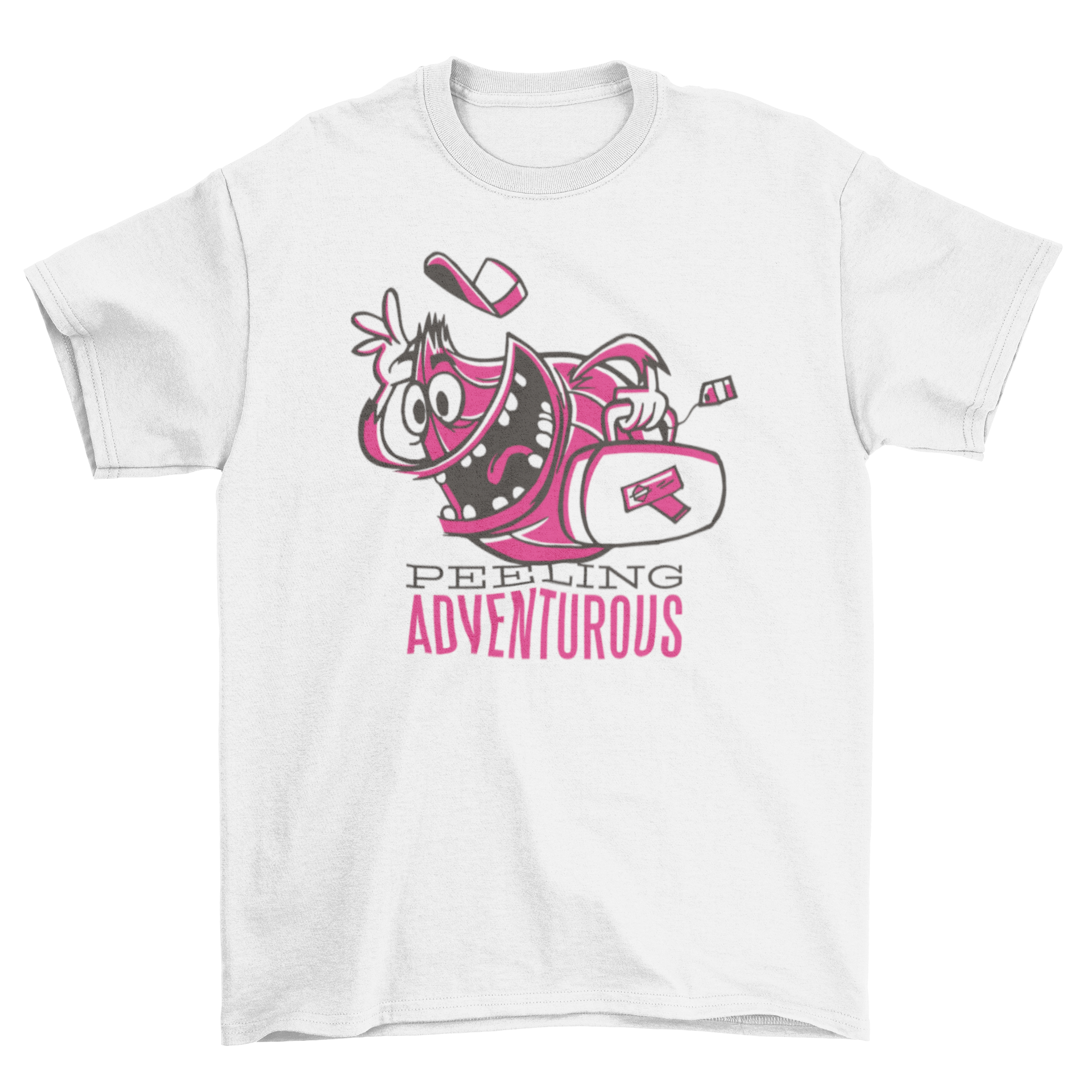 Feeling Adventurous T-shirt featuring a cartoon onion running with a suitcase, symbolizing adventure.