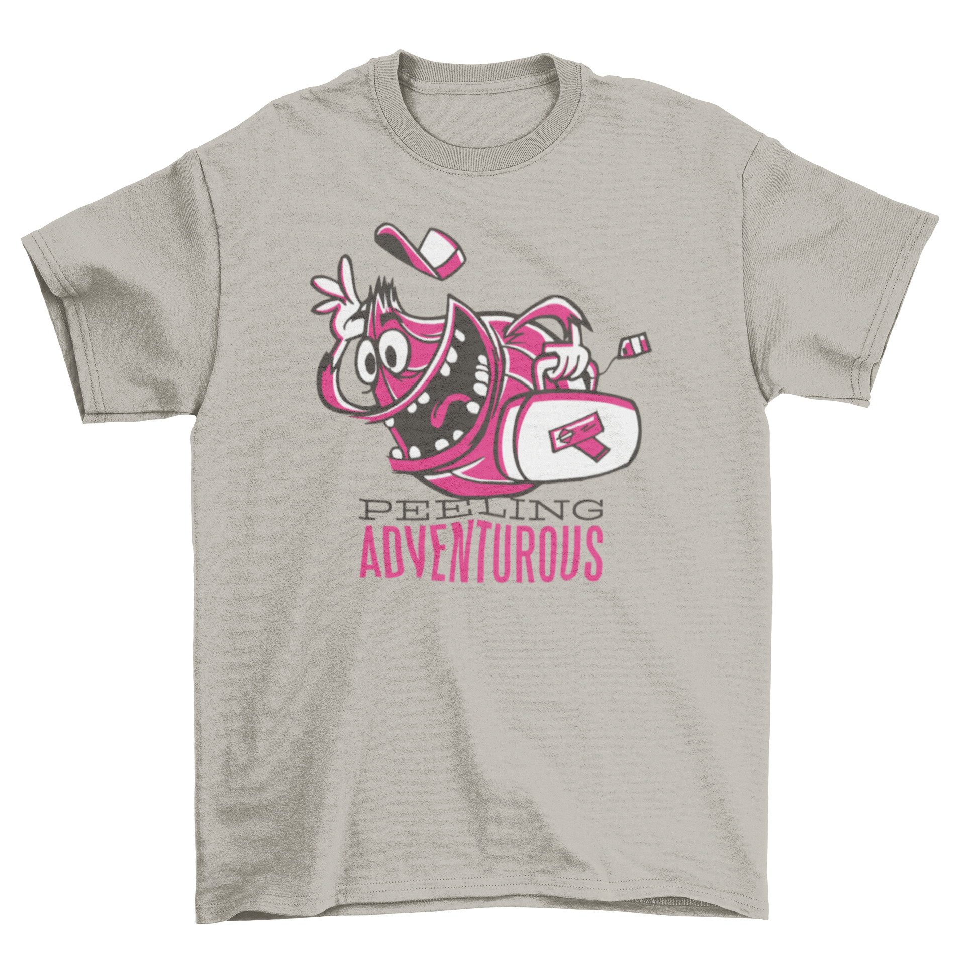 Feeling Adventurous T-shirt featuring a cartoon onion running with a suitcase, symbolizing adventure.