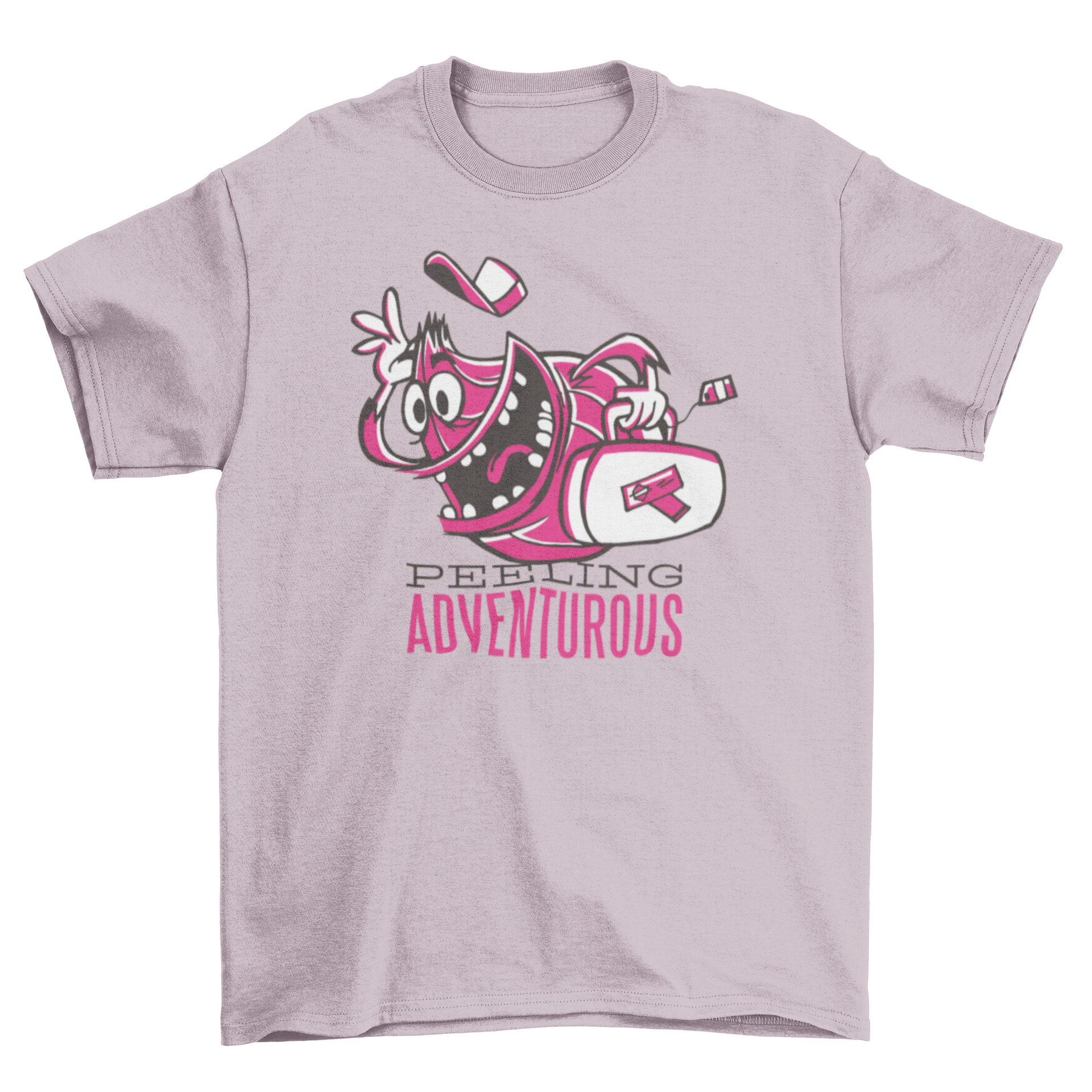 Feeling Adventurous T-shirt featuring a cartoon onion running with a suitcase, symbolizing adventure.