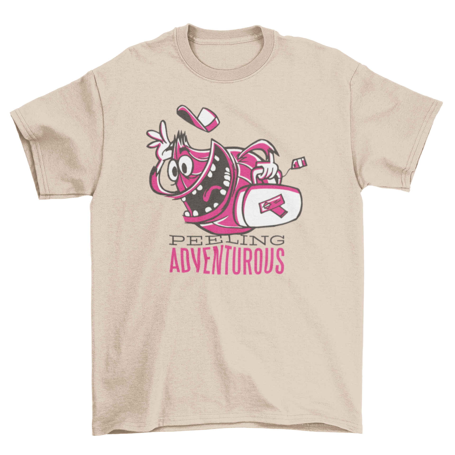 Feeling Adventurous T-shirt featuring a cartoon onion running with a suitcase, symbolizing adventure.