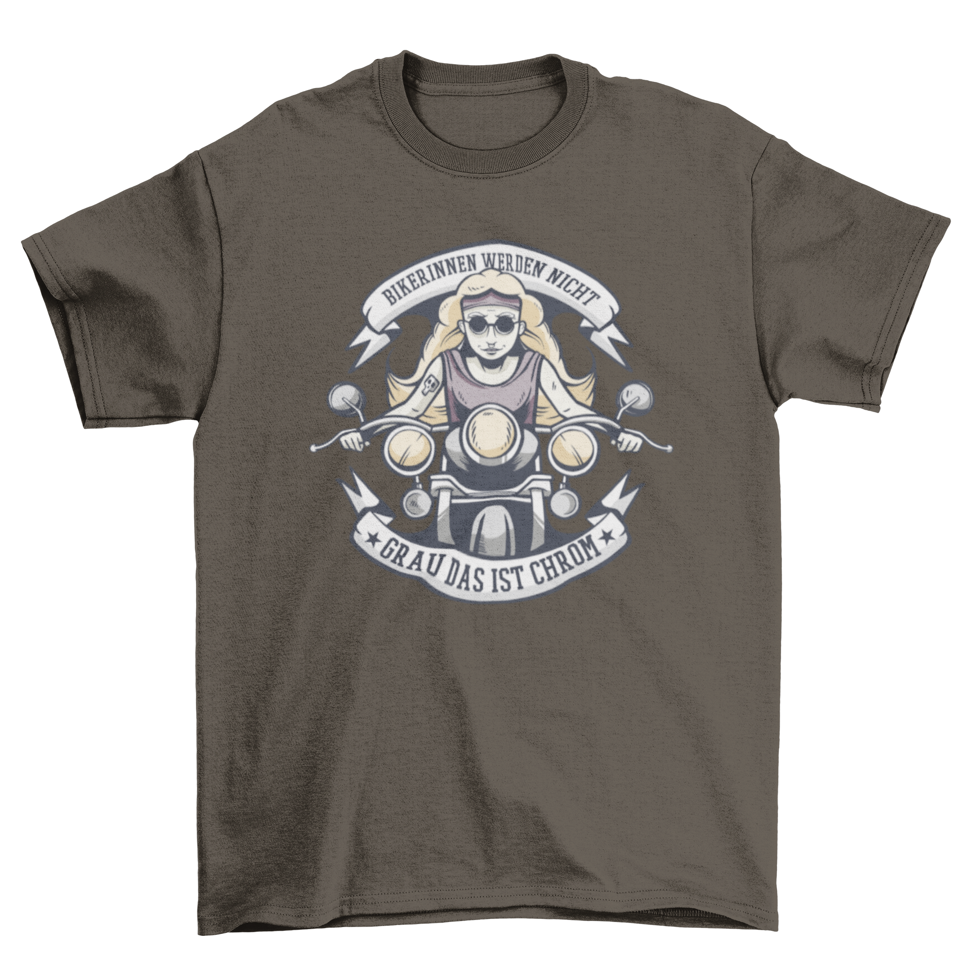 Female biker t-shirt featuring a woman on a motorbike with a German quote.