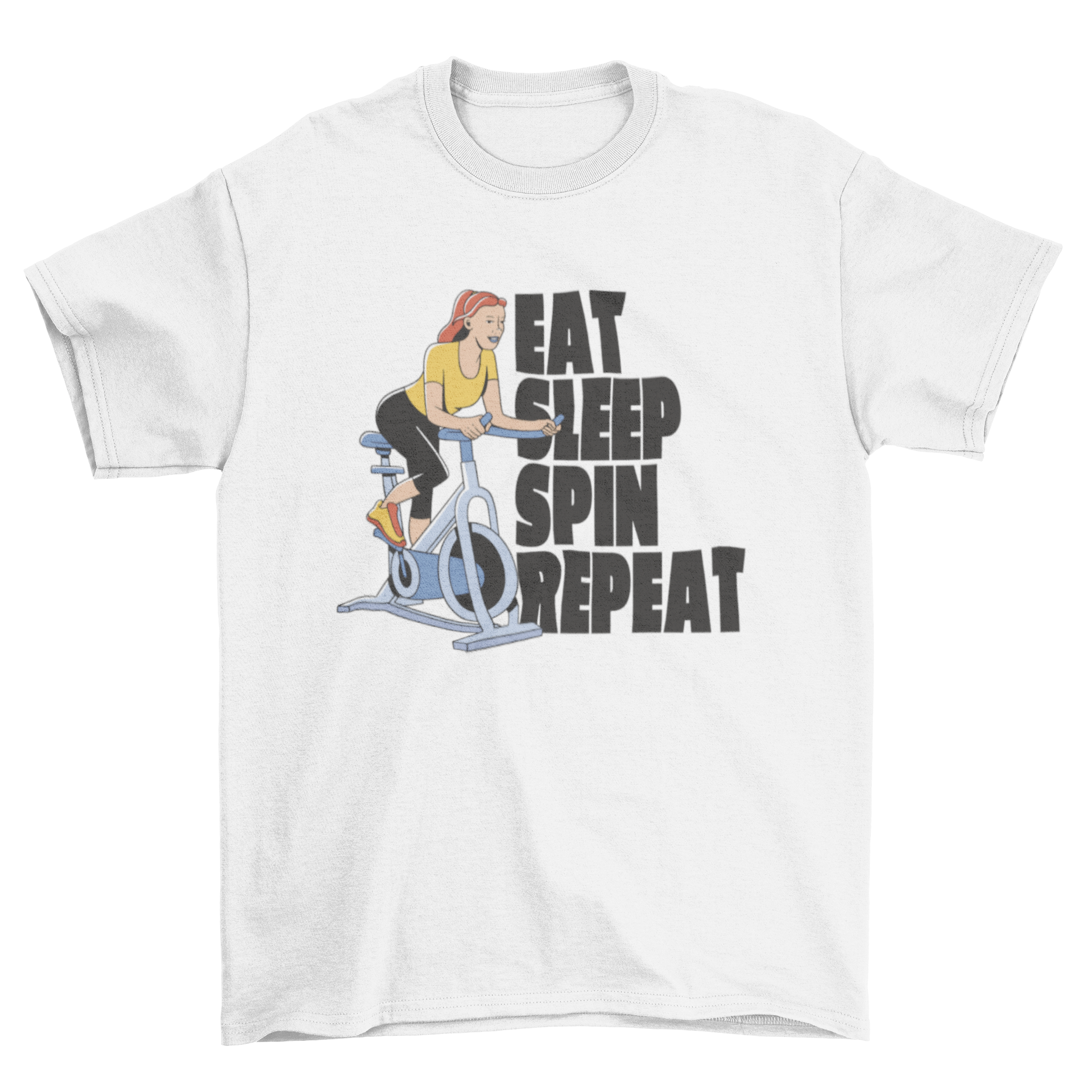 Female cycling spin gym t-shirt featuring a woman spinning and the quote 'Eat sleep spin repeat'.