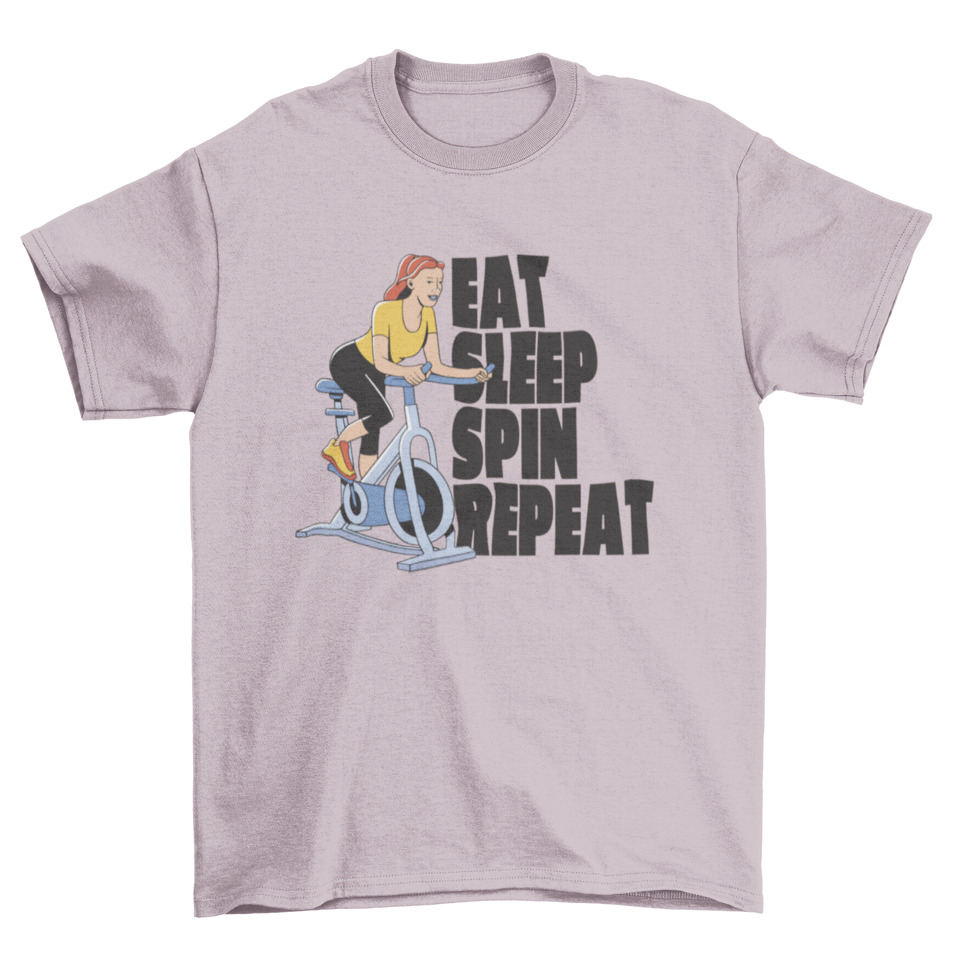 Female cycling spin gym t-shirt featuring a woman spinning and the quote 'Eat sleep spin repeat'.