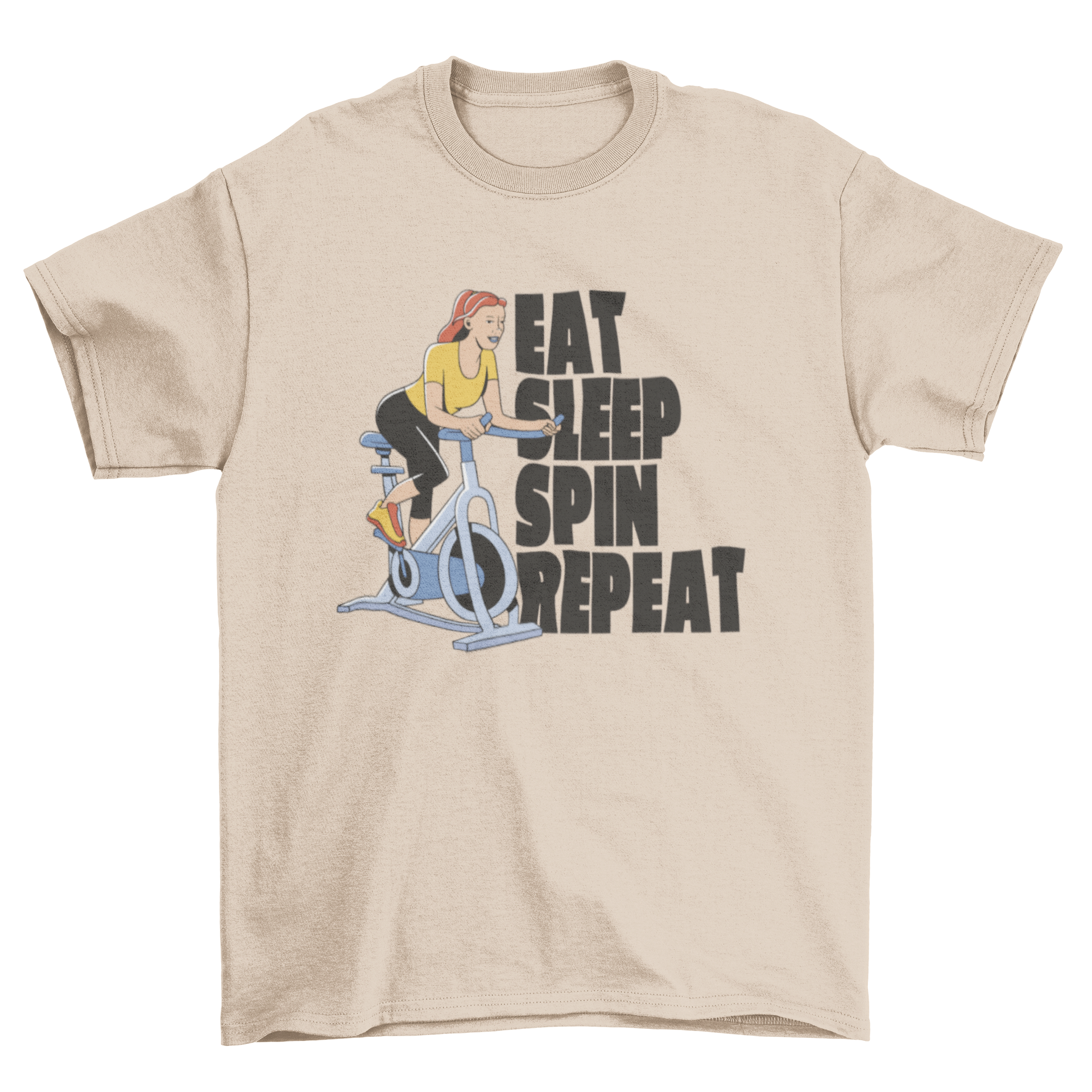 Female cycling spin gym t-shirt featuring a woman spinning and the quote 'Eat sleep spin repeat'.