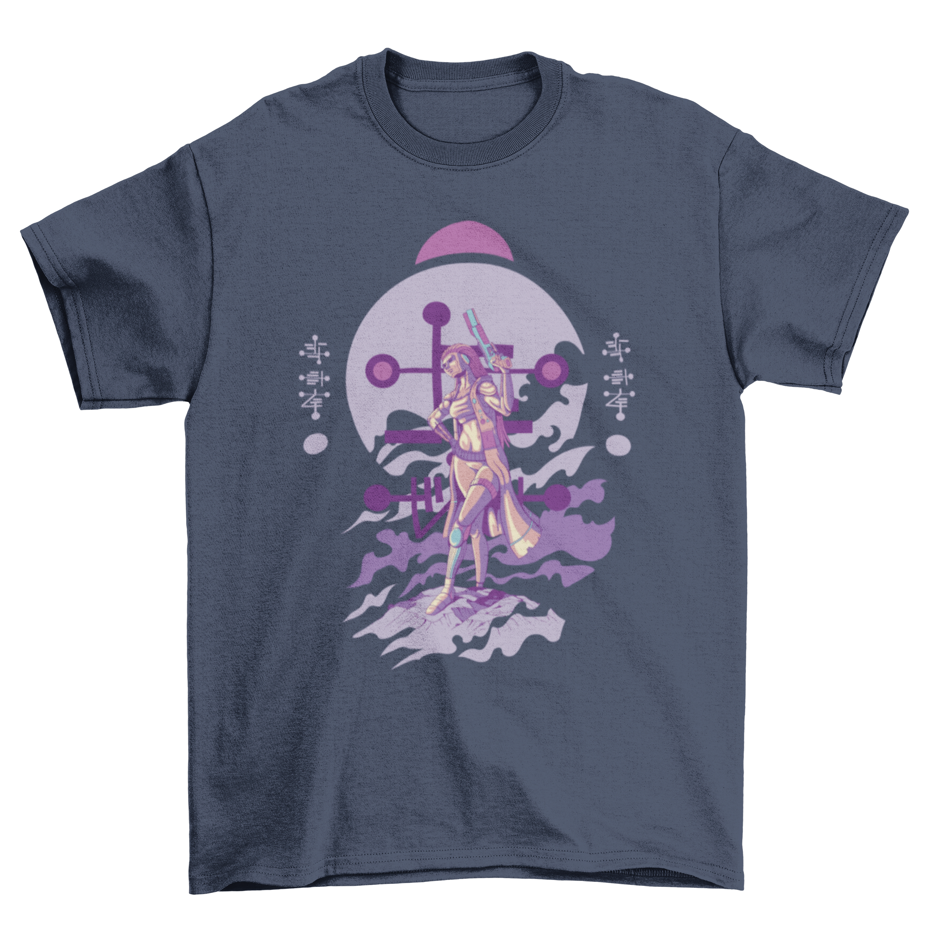 A stylish t-shirt featuring a female humanoid alien illustration holding a gun, showcasing vibrant colors and intricate details.