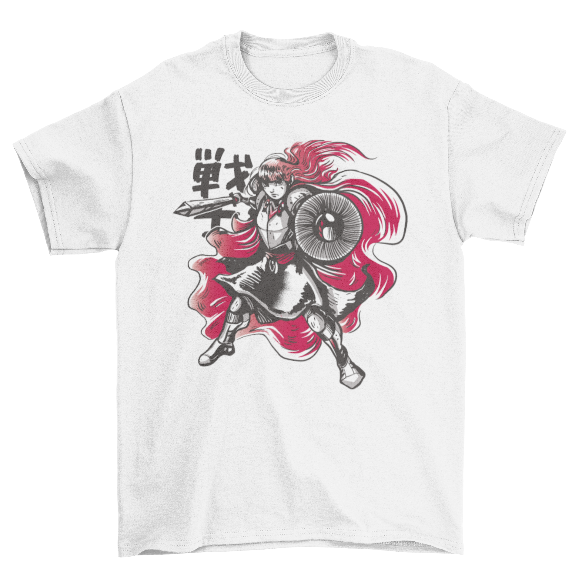 A stylish female knight t-shirt featuring a hand-drawn design of a brave knight in armor, showcasing strength and empowerment.