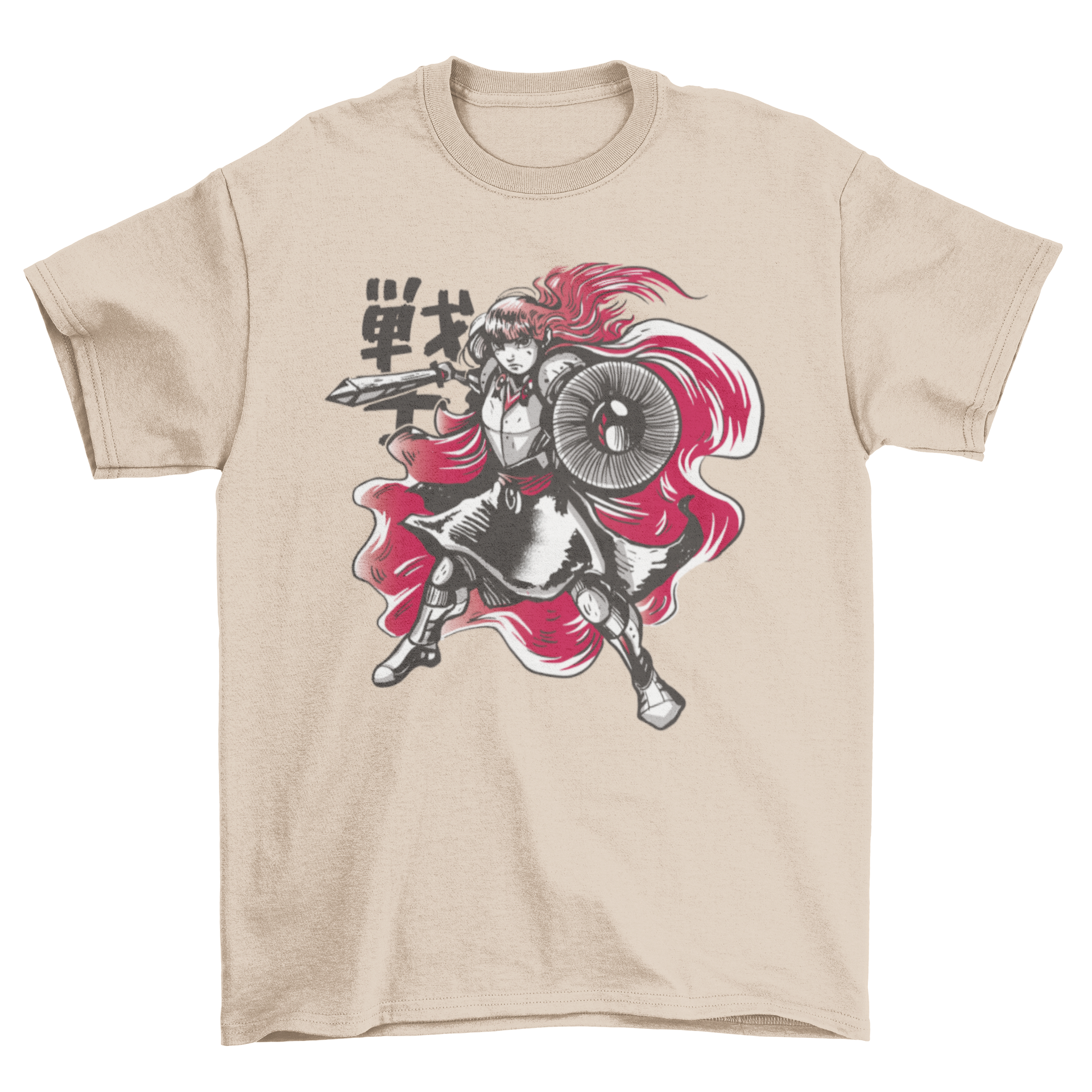 A stylish female knight t-shirt featuring a hand-drawn design of a brave knight in armor, showcasing strength and empowerment.