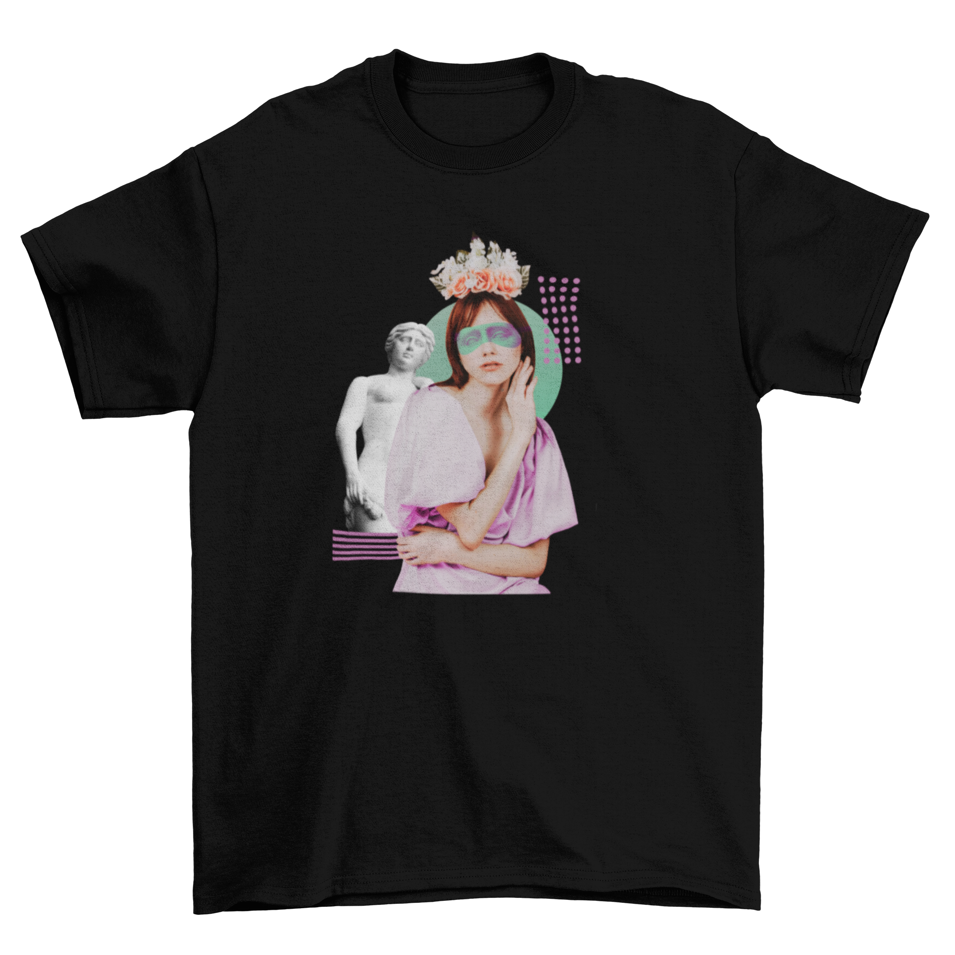 A stylish t-shirt featuring a female model with flowers in her hair alongside a Greek statue design.