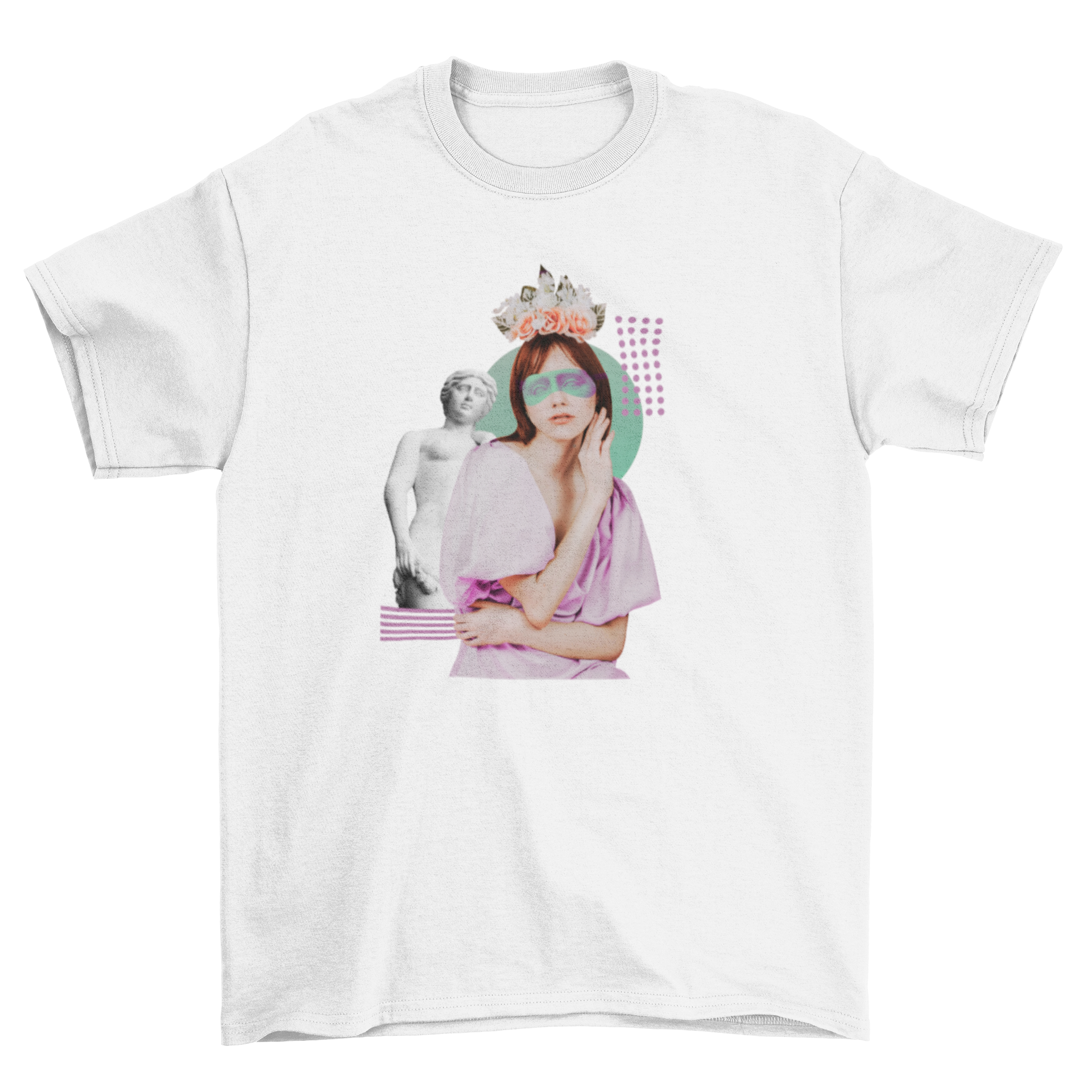 A stylish t-shirt featuring a female model with flowers in her hair alongside a Greek statue design.