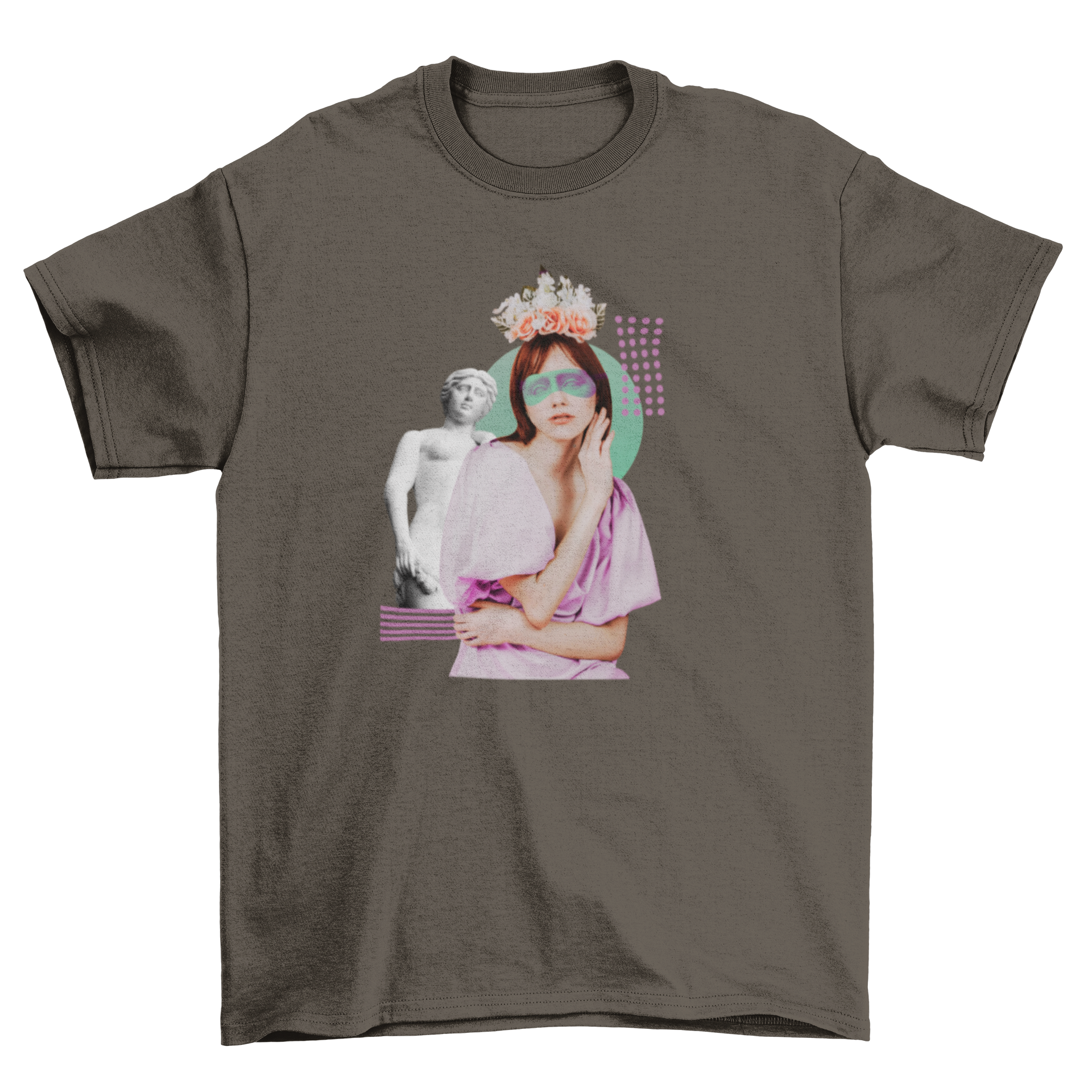 A stylish t-shirt featuring a female model with flowers in her hair alongside a Greek statue design.