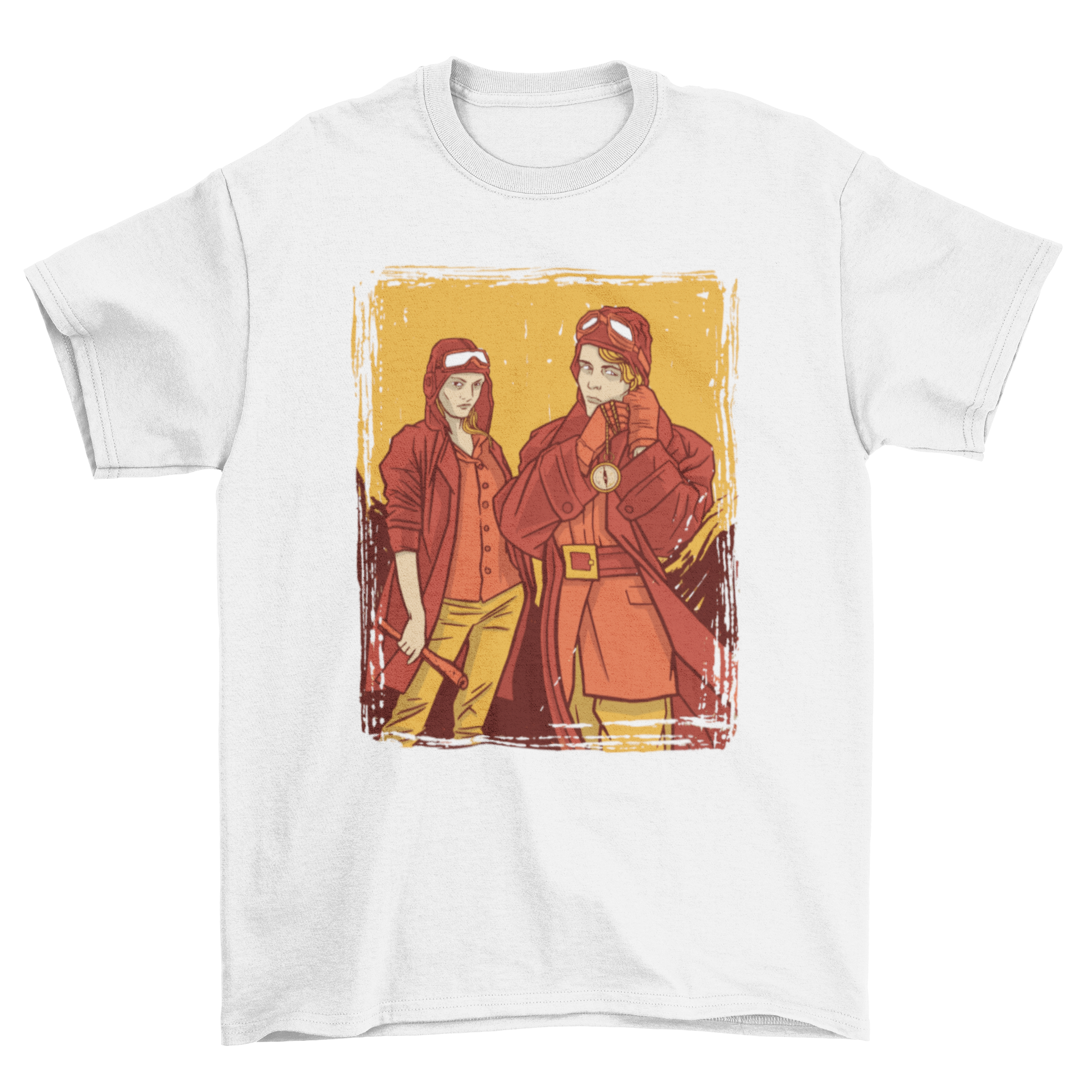 A stylish t-shirt featuring an illustration of two female pilots hiking, symbolizing empowerment and adventure.