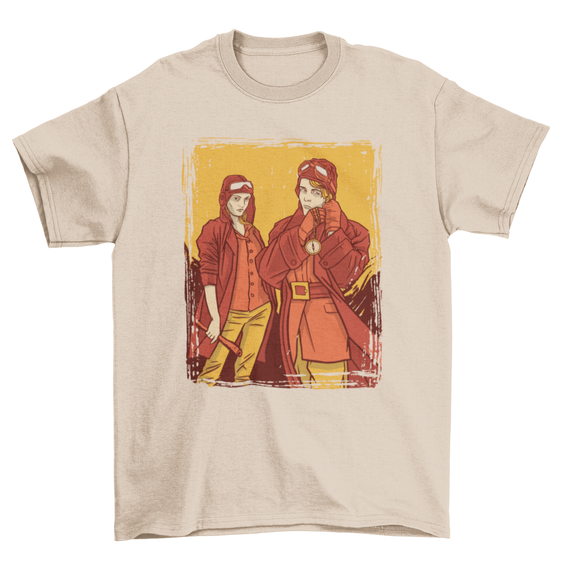 A stylish t-shirt featuring an illustration of two female pilots hiking, symbolizing empowerment and adventure.