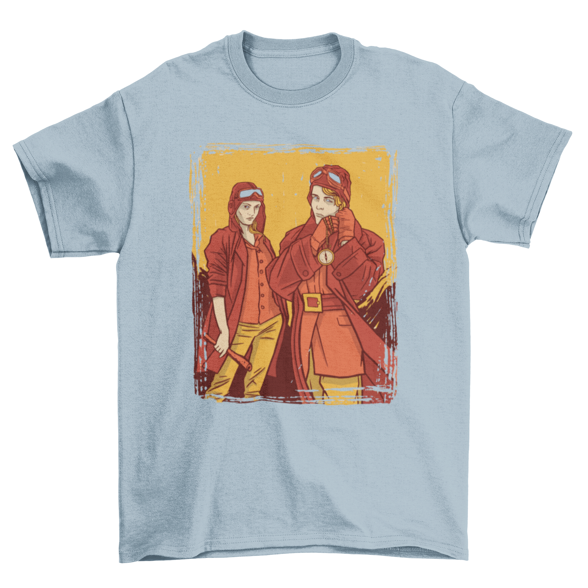 A stylish t-shirt featuring an illustration of two female pilots hiking, symbolizing empowerment and adventure.