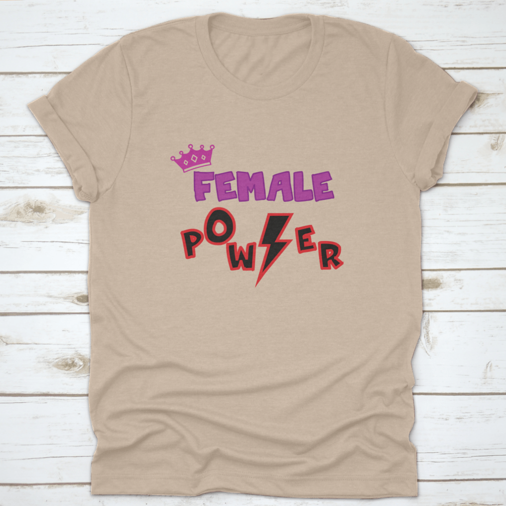 Female Power Typography T-shirt in pink lettering with a lightning symbol, showcasing empowerment and style.