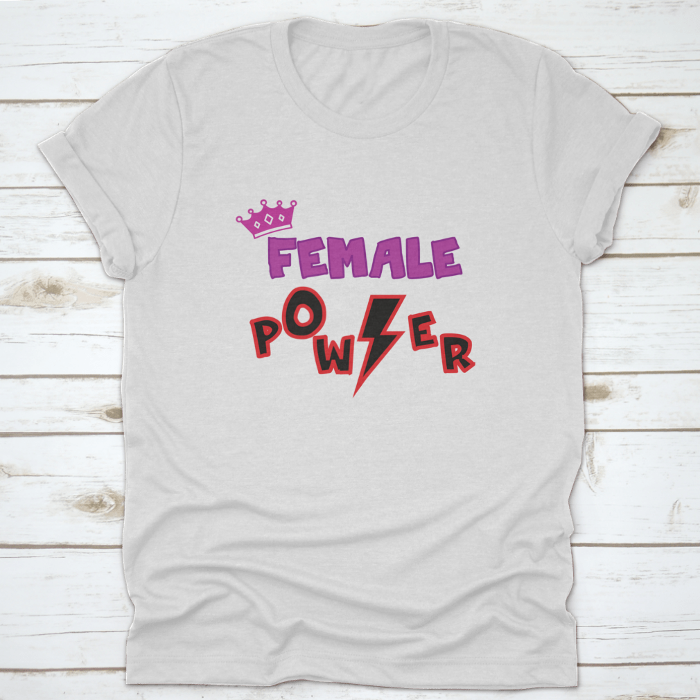 Female Power Typography T-shirt in pink lettering with a lightning symbol, showcasing empowerment and style.