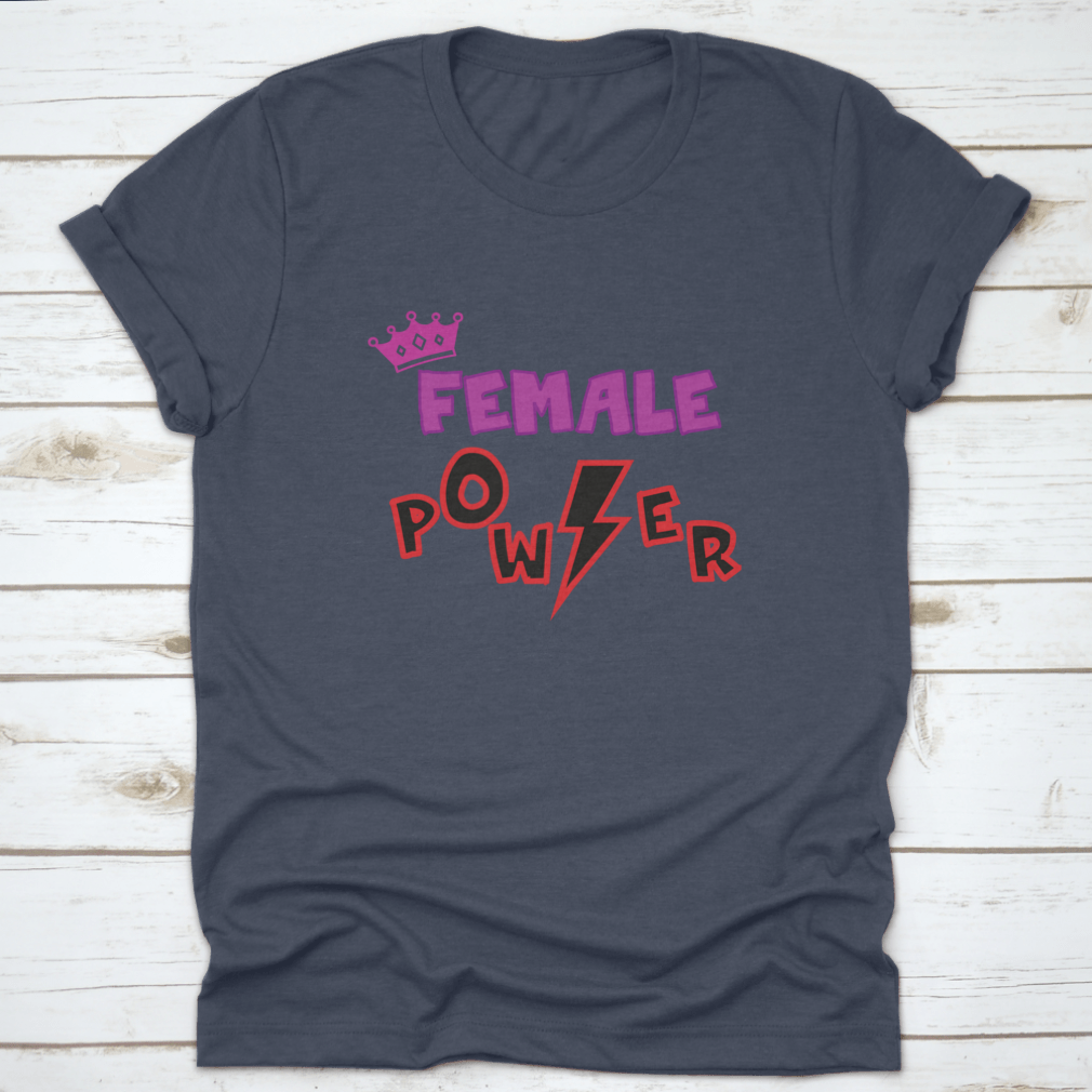 Female Power Typography T-shirt in pink lettering with a lightning symbol, showcasing empowerment and style.