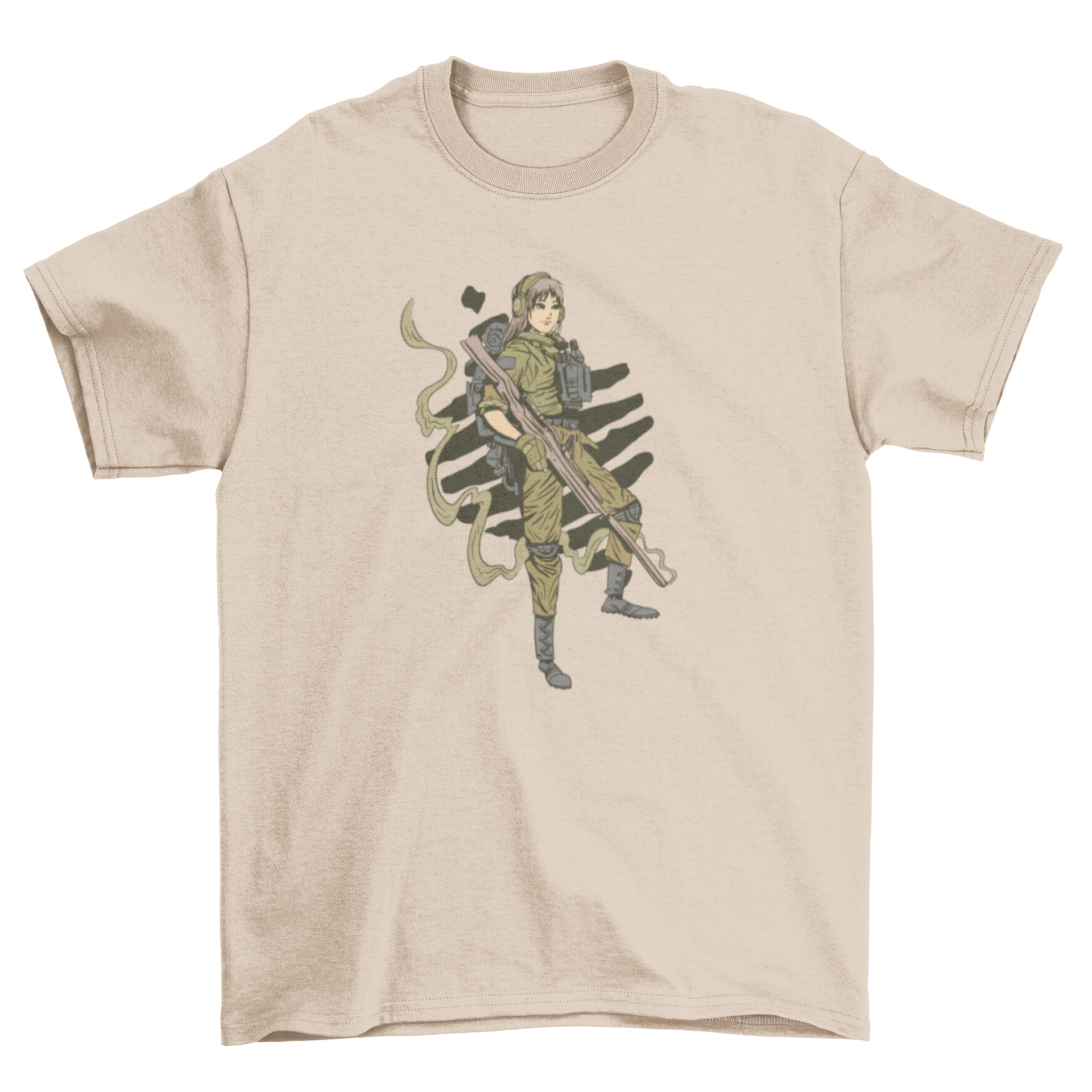 A stylish t-shirt featuring a female soldier confidently holding a firearm, symbolizing strength and empowerment.