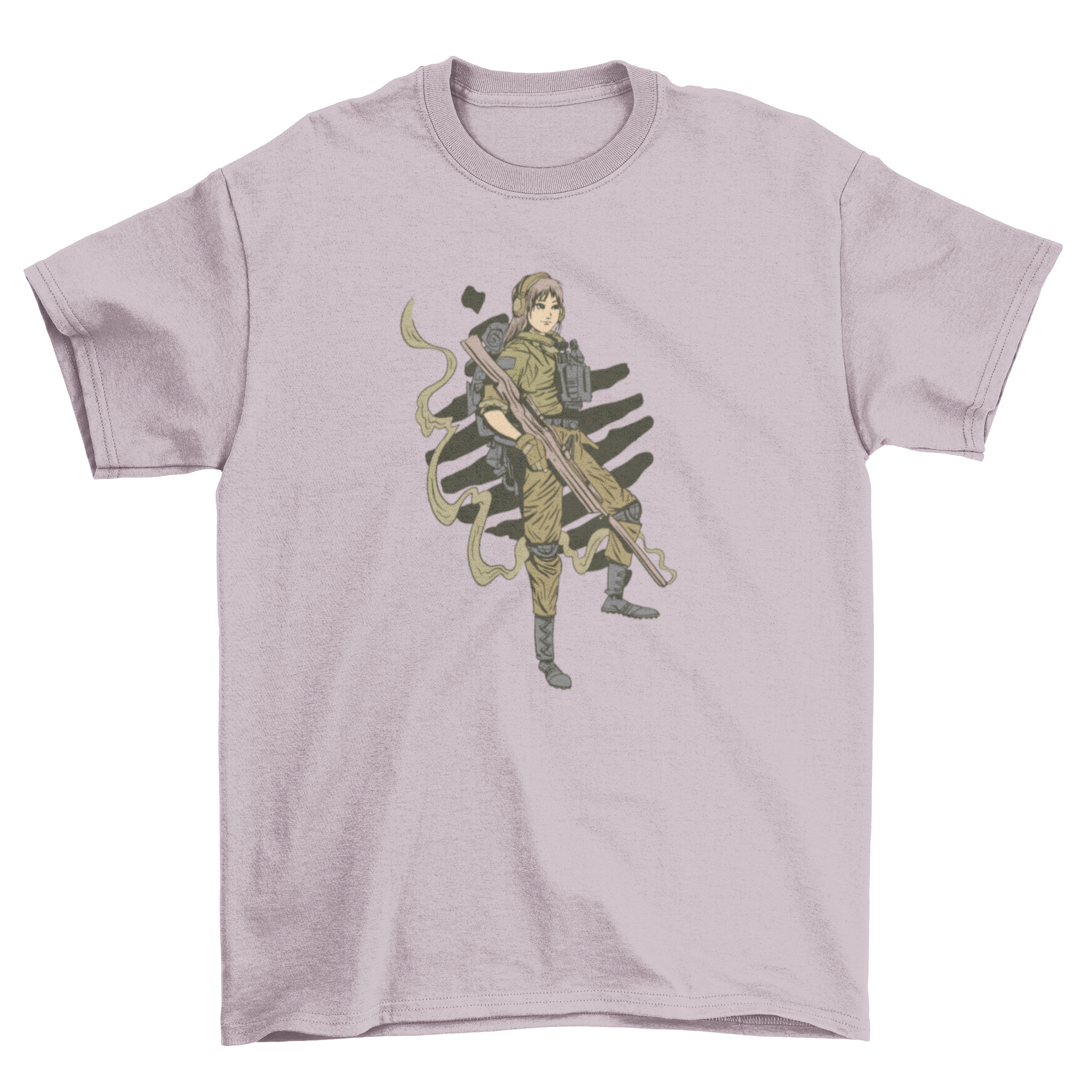 A stylish t-shirt featuring a female soldier confidently holding a firearm, symbolizing strength and empowerment.