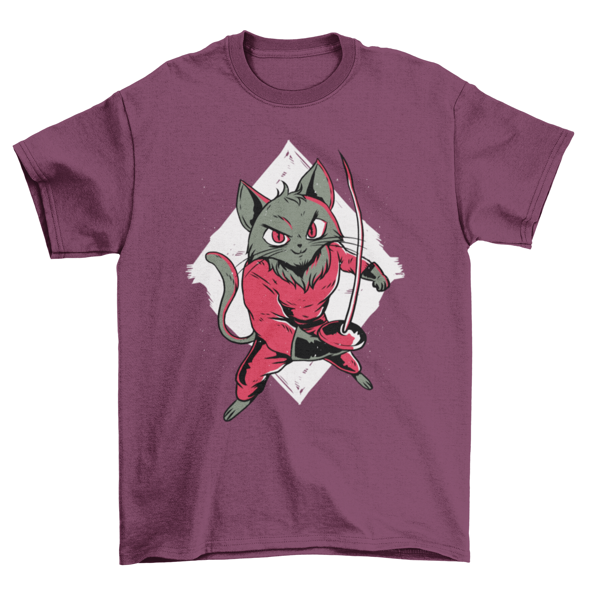 Fencing Cat T-Shirt featuring a cat in a red fencing suit holding a sword.