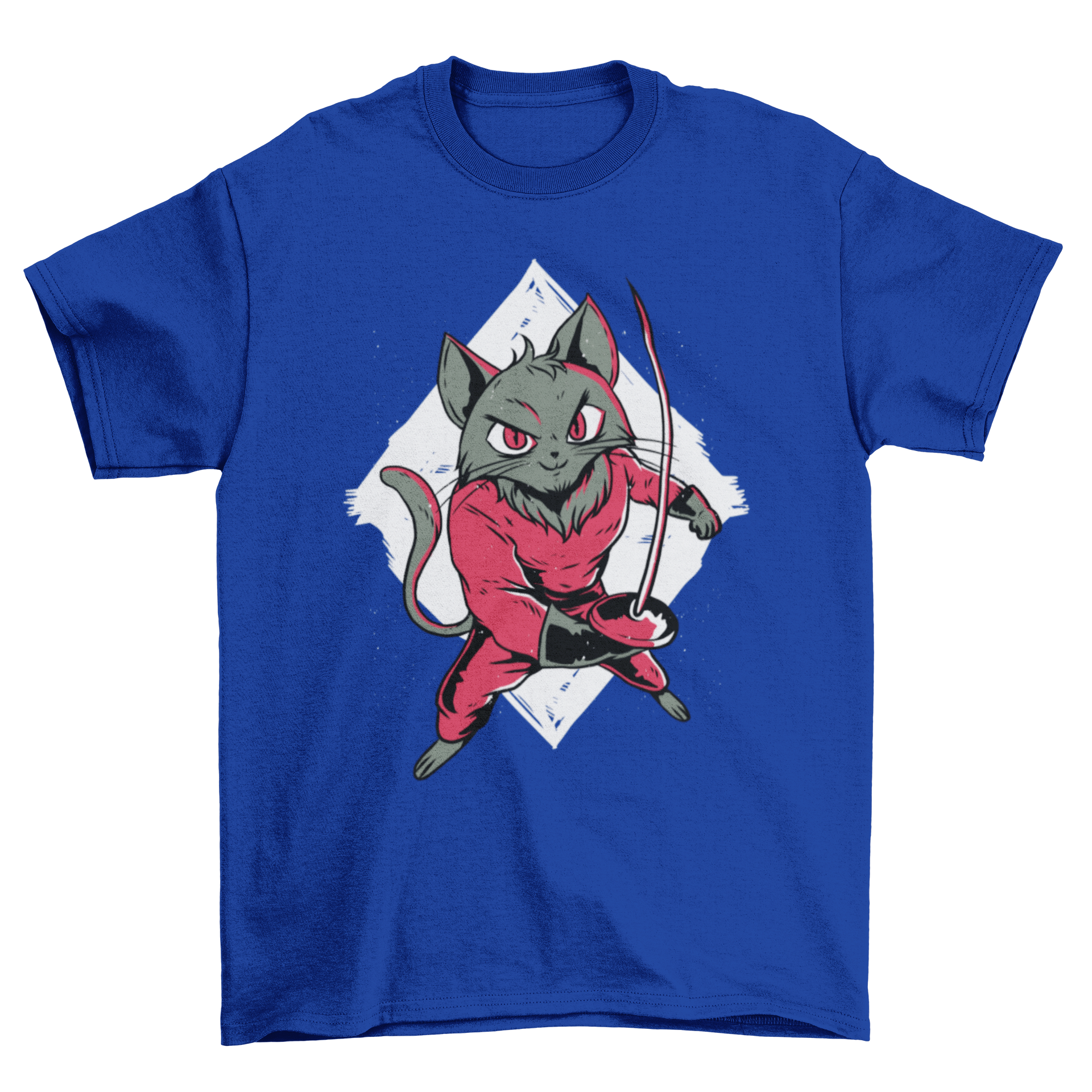 Fencing Cat T-Shirt featuring a cat in a red fencing suit holding a sword.