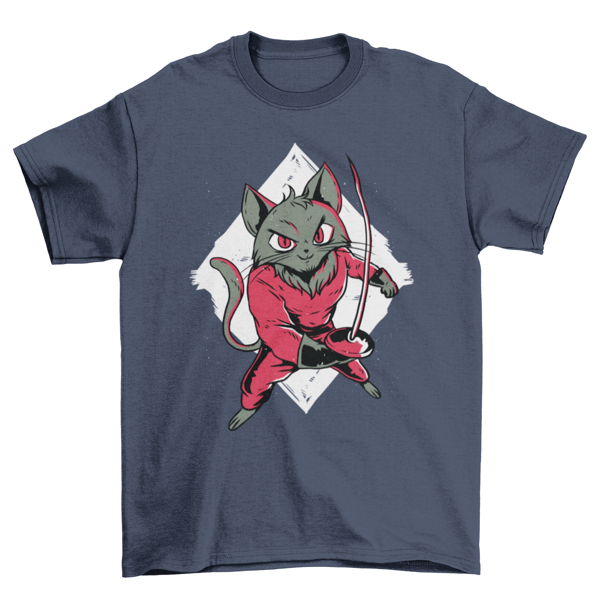 Fencing Cat T-Shirt featuring a cat in a red fencing suit holding a sword.