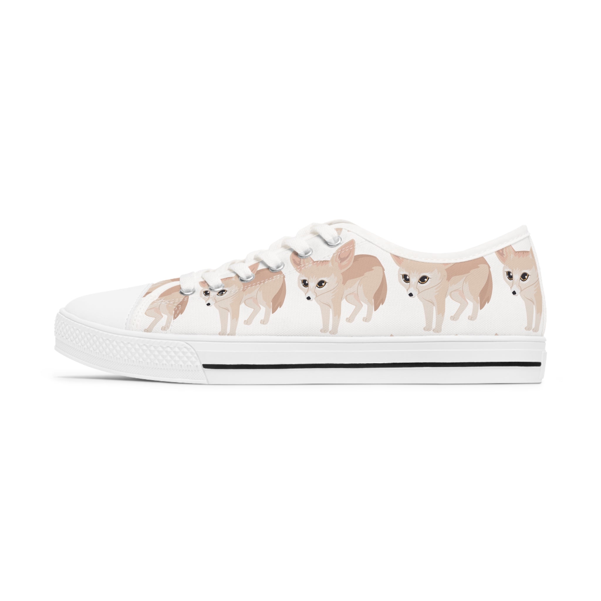 Fennec Fox Women's Low Top Sneakers in black and white options, showcasing breathable canvas and stylish design.