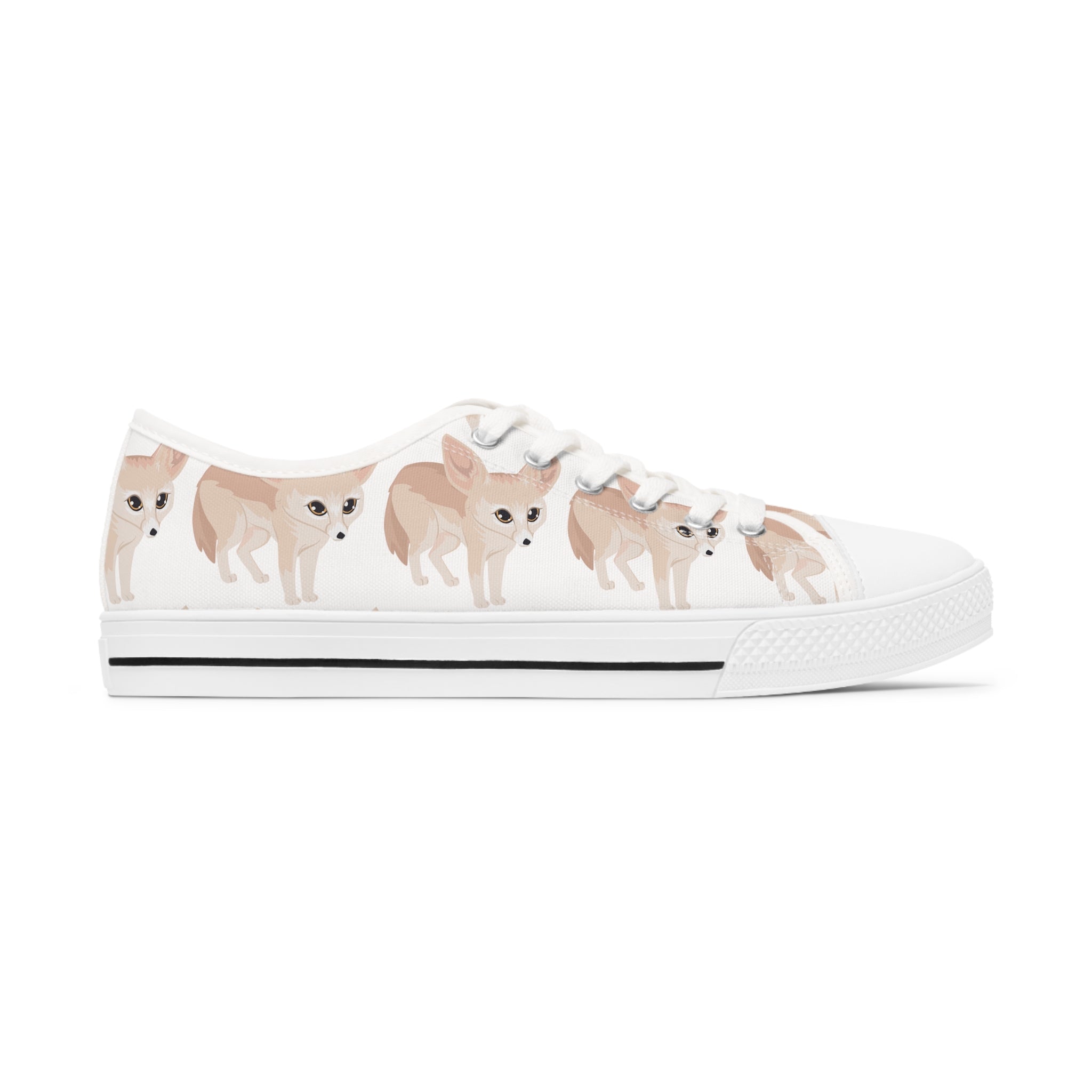 Fennec Fox Women's Low Top Sneakers in black and white options, showcasing breathable canvas and stylish design.