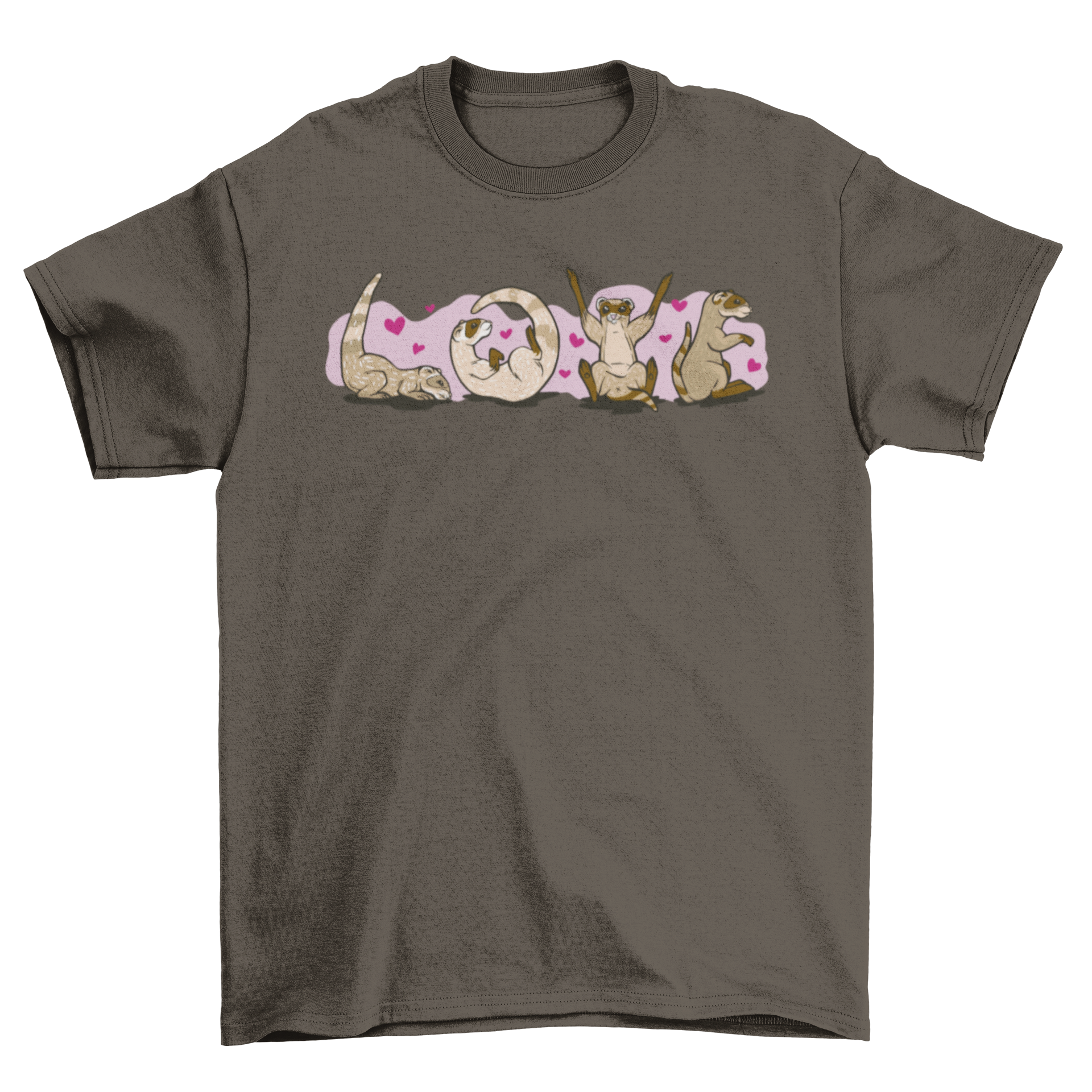 A stylish t-shirt featuring the word 'Love' creatively designed with adorable ferrets.