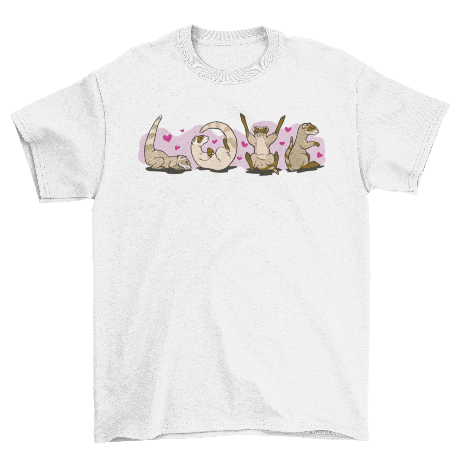 A stylish t-shirt featuring the word 'Love' creatively designed with adorable ferrets.