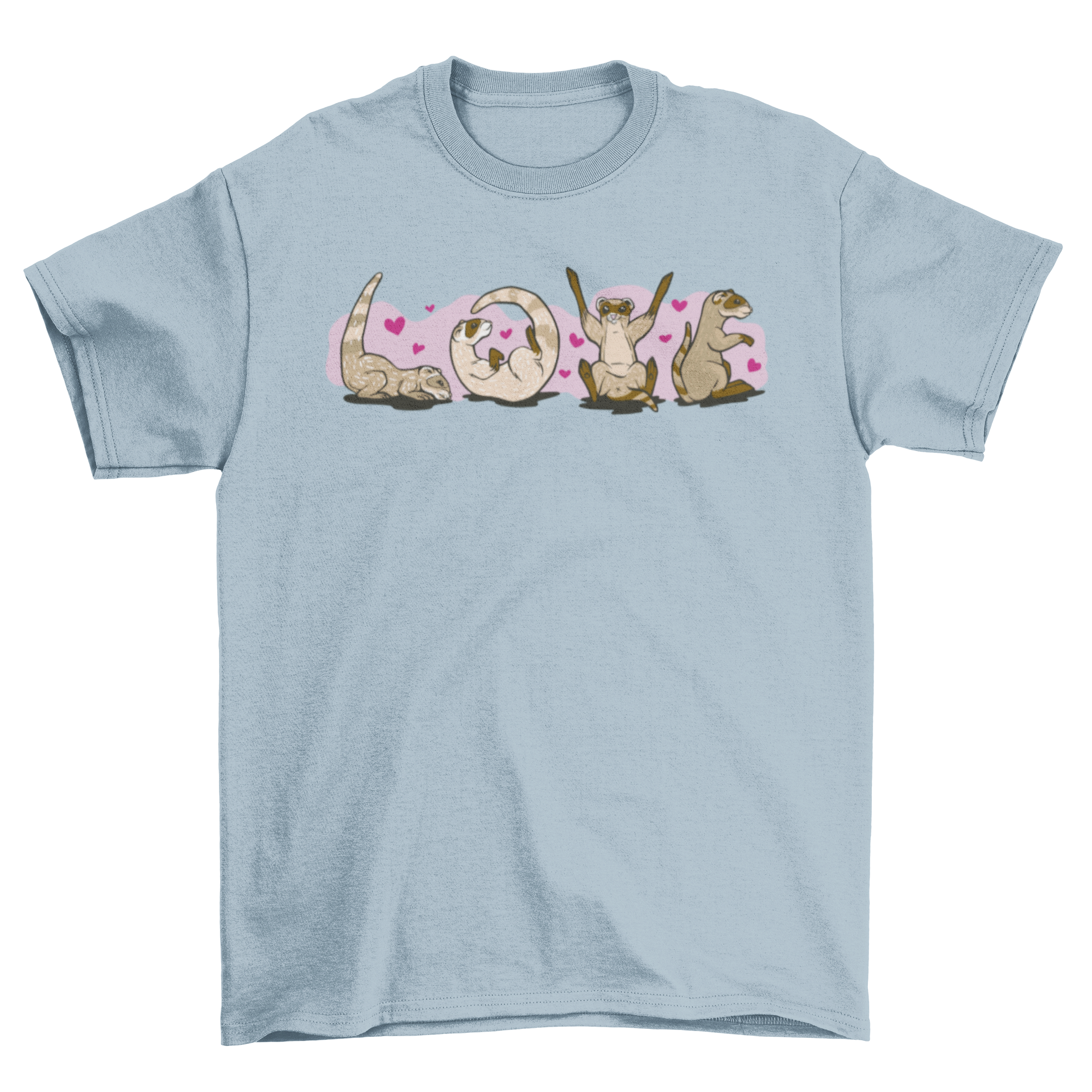 A stylish t-shirt featuring the word 'Love' creatively designed with adorable ferrets.