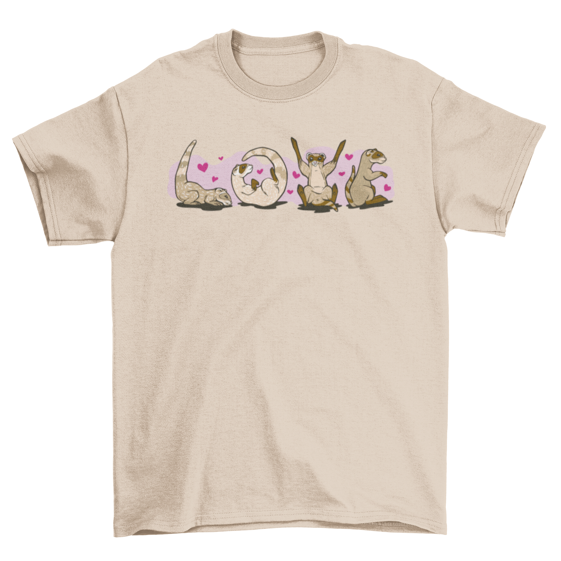 A stylish t-shirt featuring the word 'Love' creatively designed with adorable ferrets.