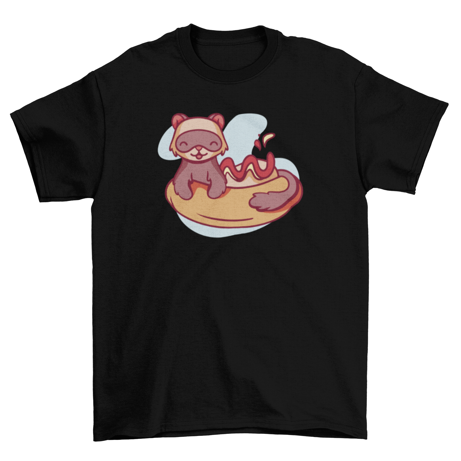 A playful t-shirt featuring a cute ferret sitting in a hot dog bun, showcasing a fun and quirky design.