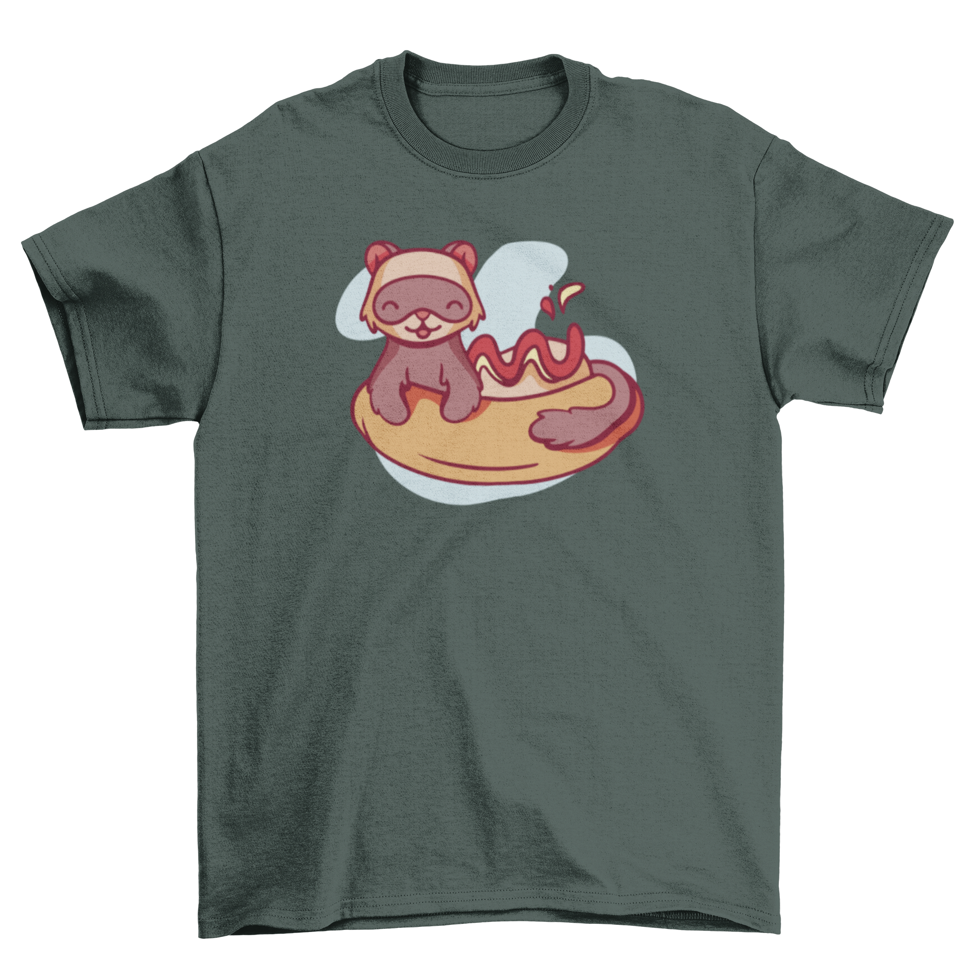 A playful t-shirt featuring a cute ferret sitting in a hot dog bun, showcasing a fun and quirky design.