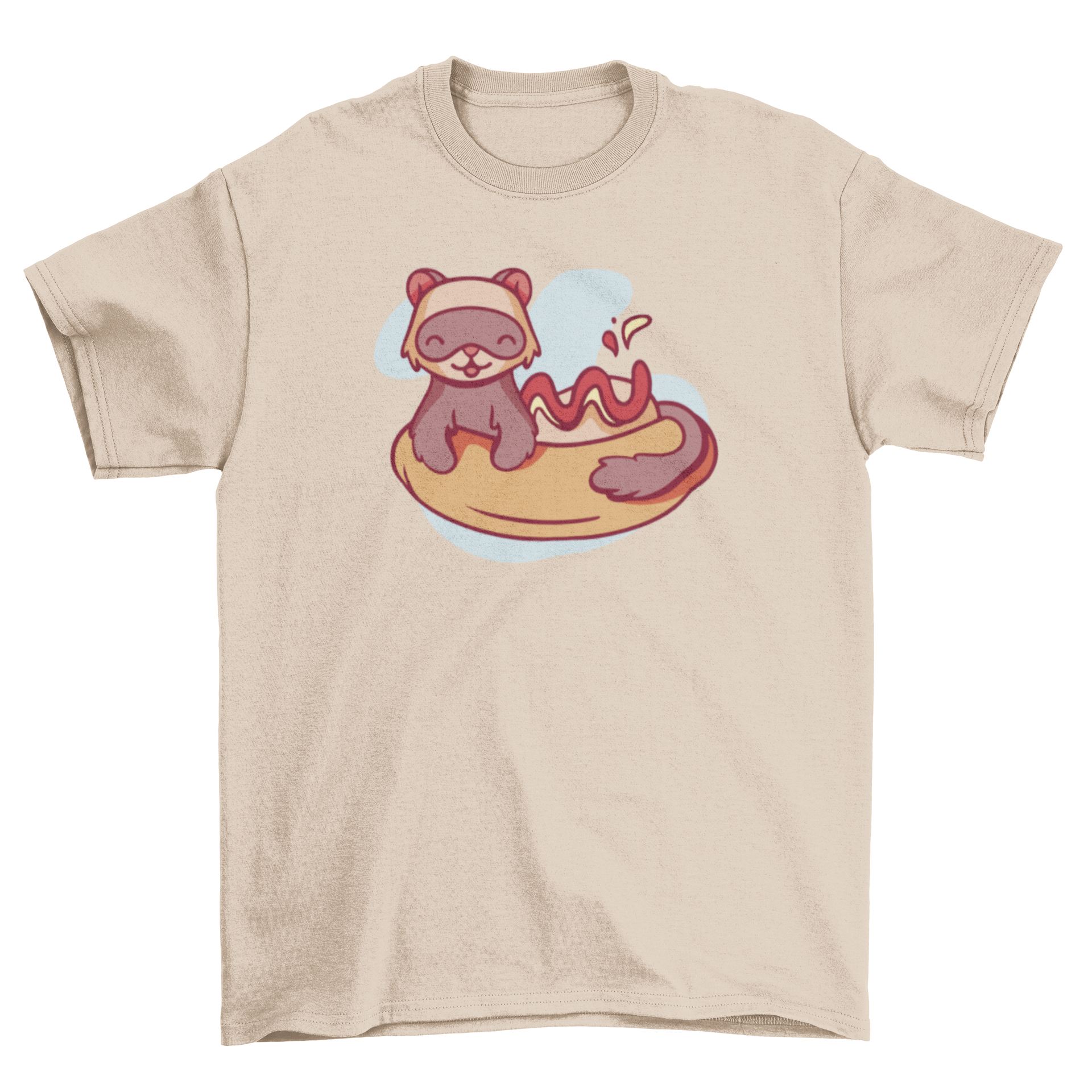 A playful t-shirt featuring a cute ferret sitting in a hot dog bun, showcasing a fun and quirky design.