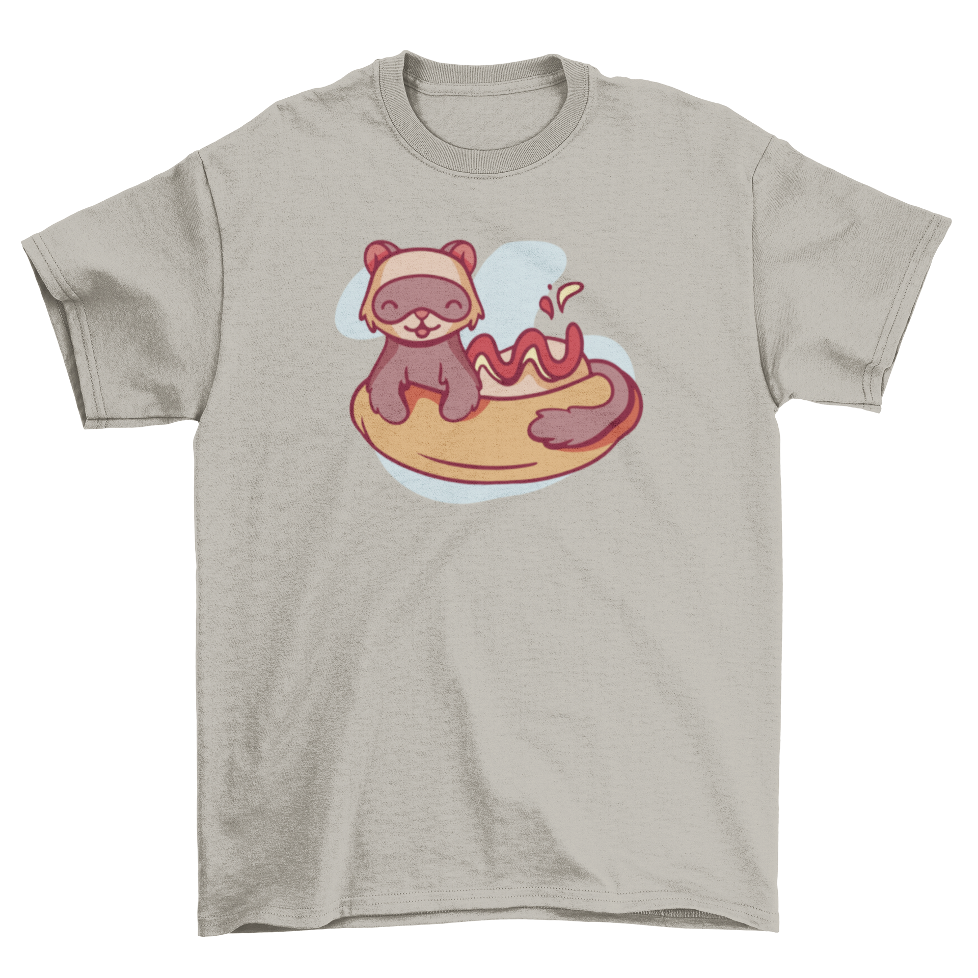 A playful t-shirt featuring a cute ferret sitting in a hot dog bun, showcasing a fun and quirky design.