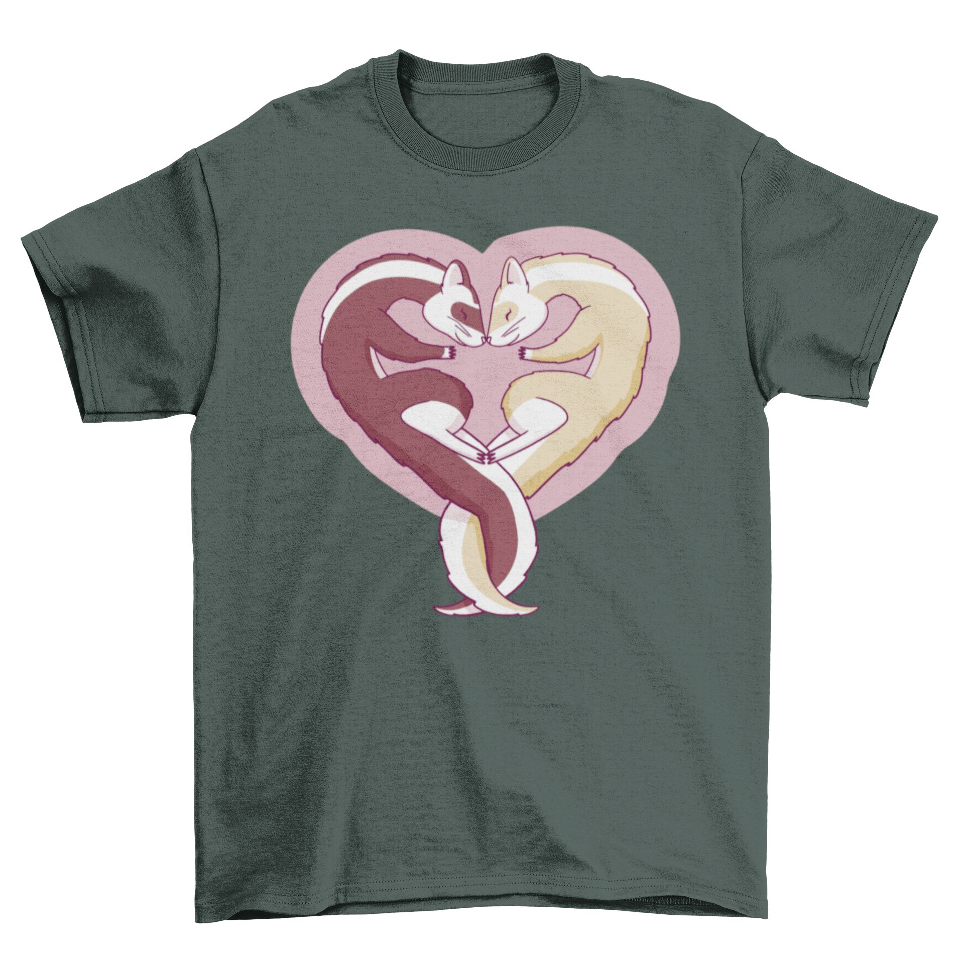 A lovely t-shirt featuring two ferrets forming a heart shape, symbolizing love and companionship.